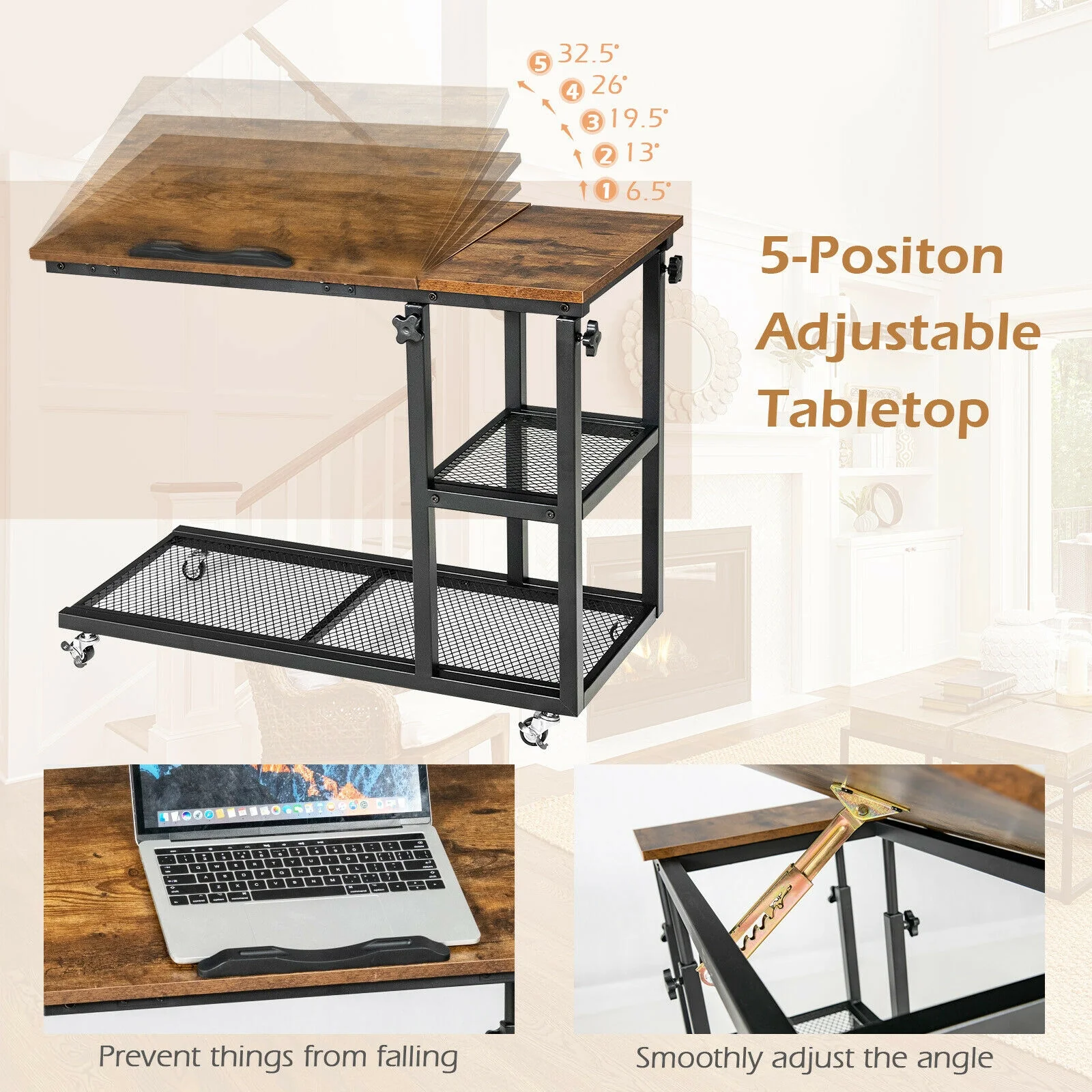 Adjustable C-Shaped Bedside Table, Rustic Brown - Image 8