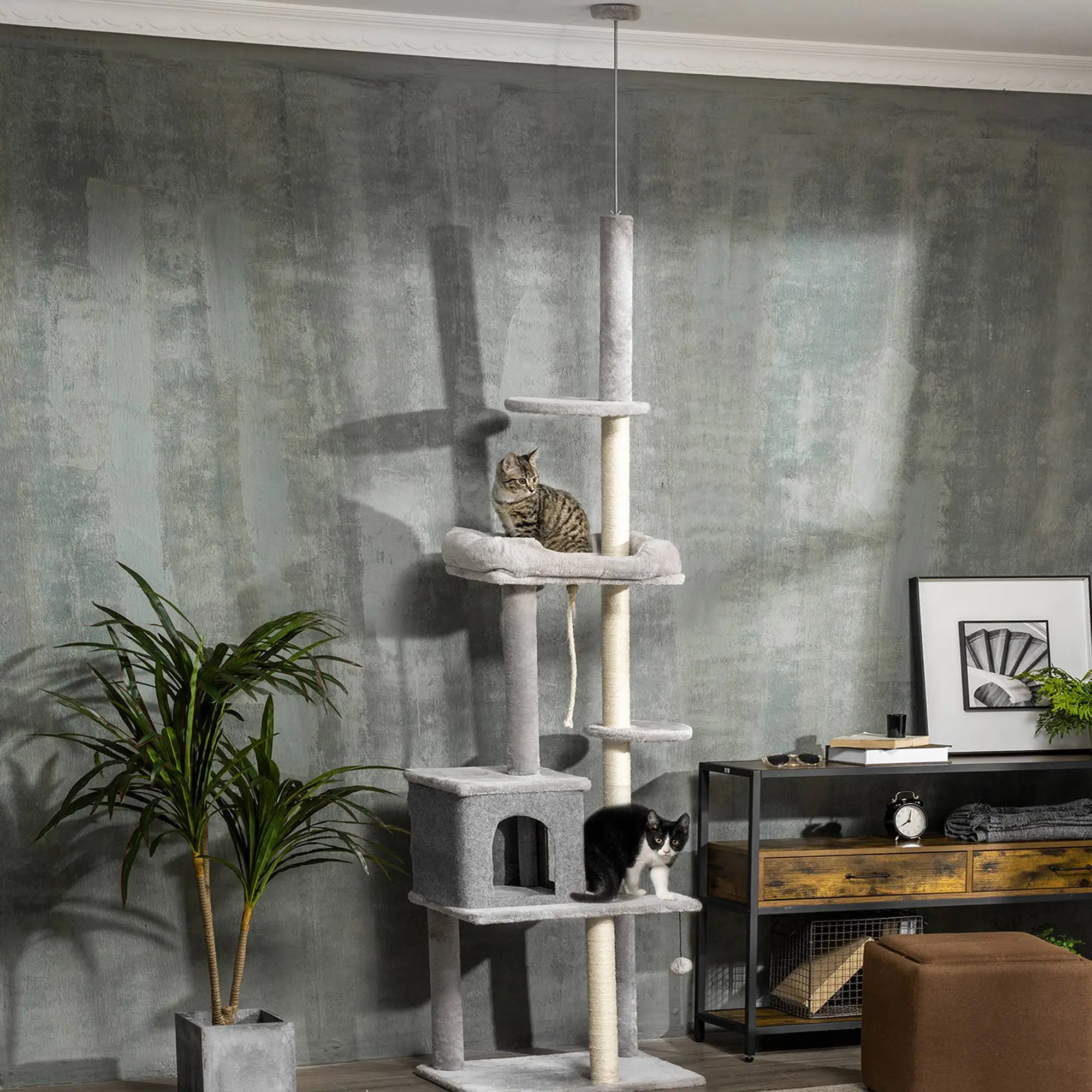 Adjustable Cat Tree, 85-101 Inches, Climbing Center with Scratching Posts, Grey - Image 2