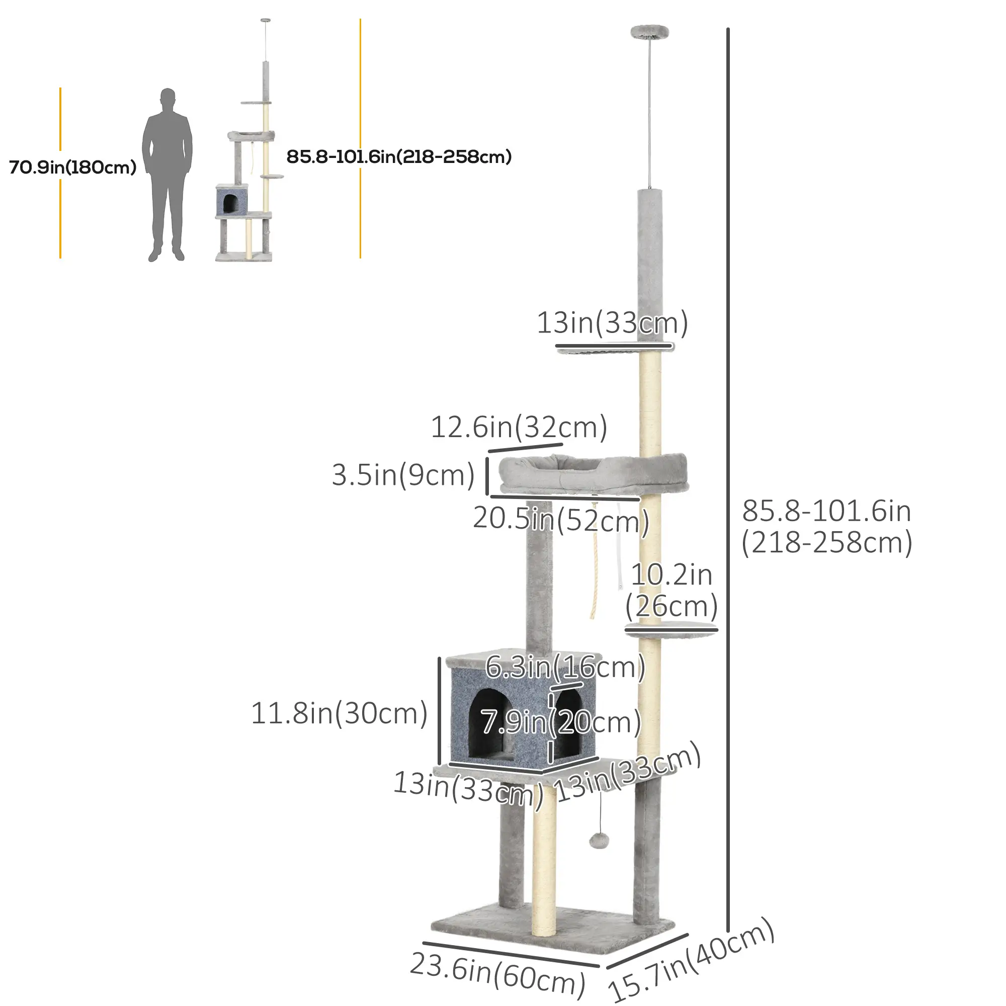 Adjustable Cat Tree, 85-101 Inches, Climbing Center with Scratching Posts, Grey - Image 3