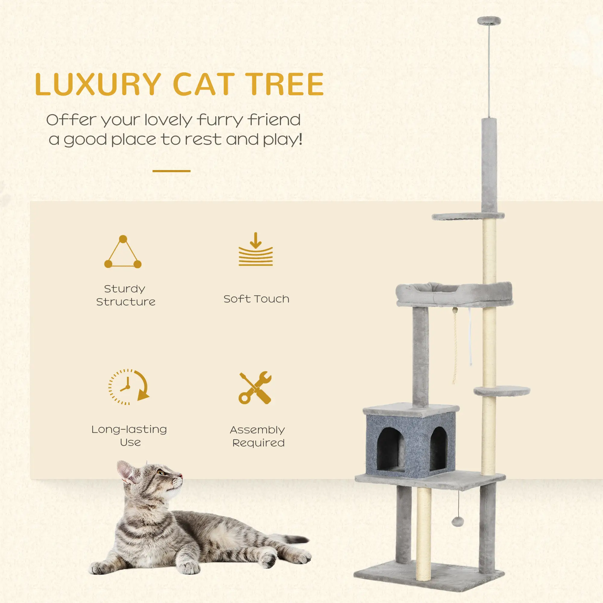 Adjustable Cat Tree, 85-101 Inches, Climbing Center with Scratching Posts, Grey - Image 4