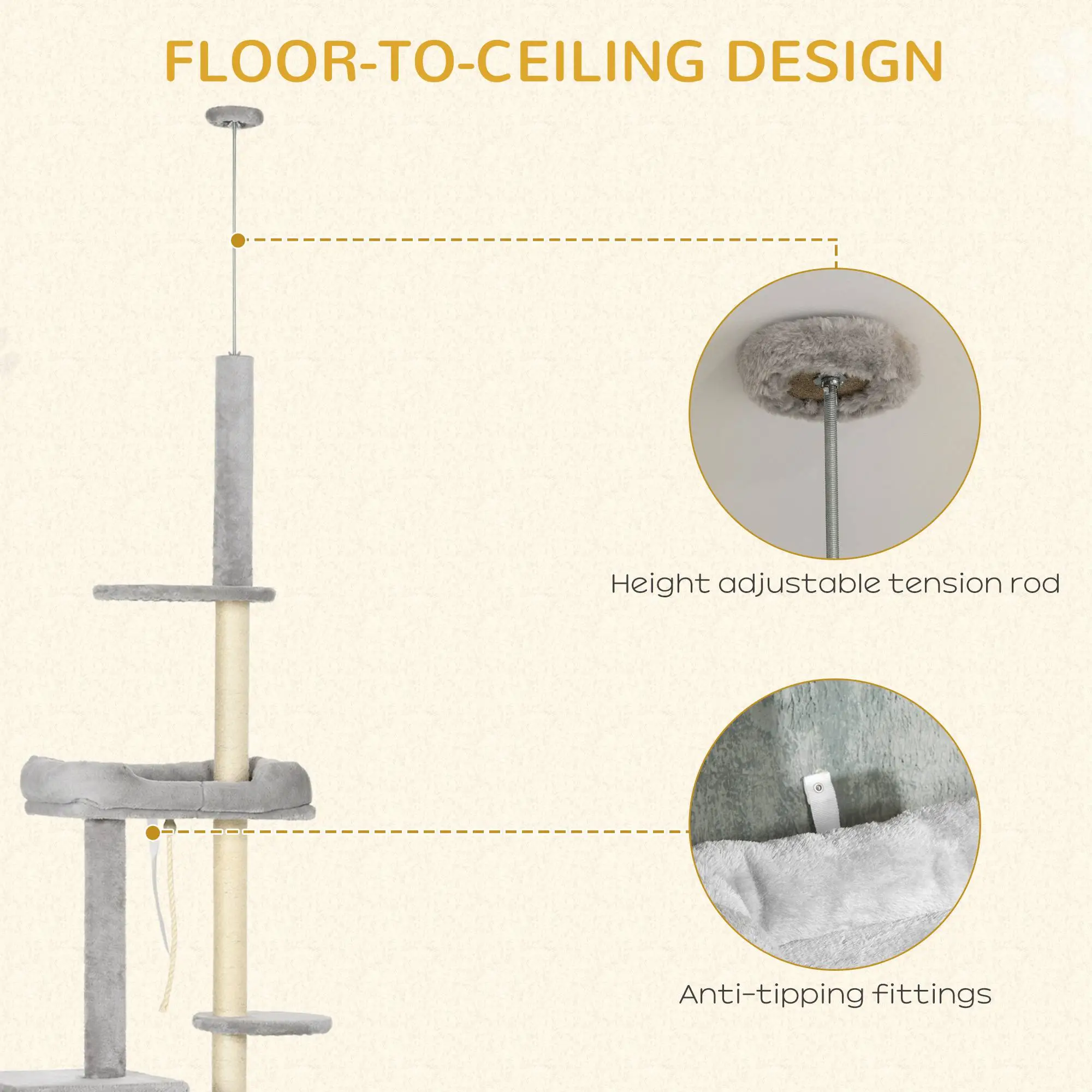 Adjustable Cat Tree, 85-101 Inches, Climbing Center with Scratching Posts, Grey - Image 5