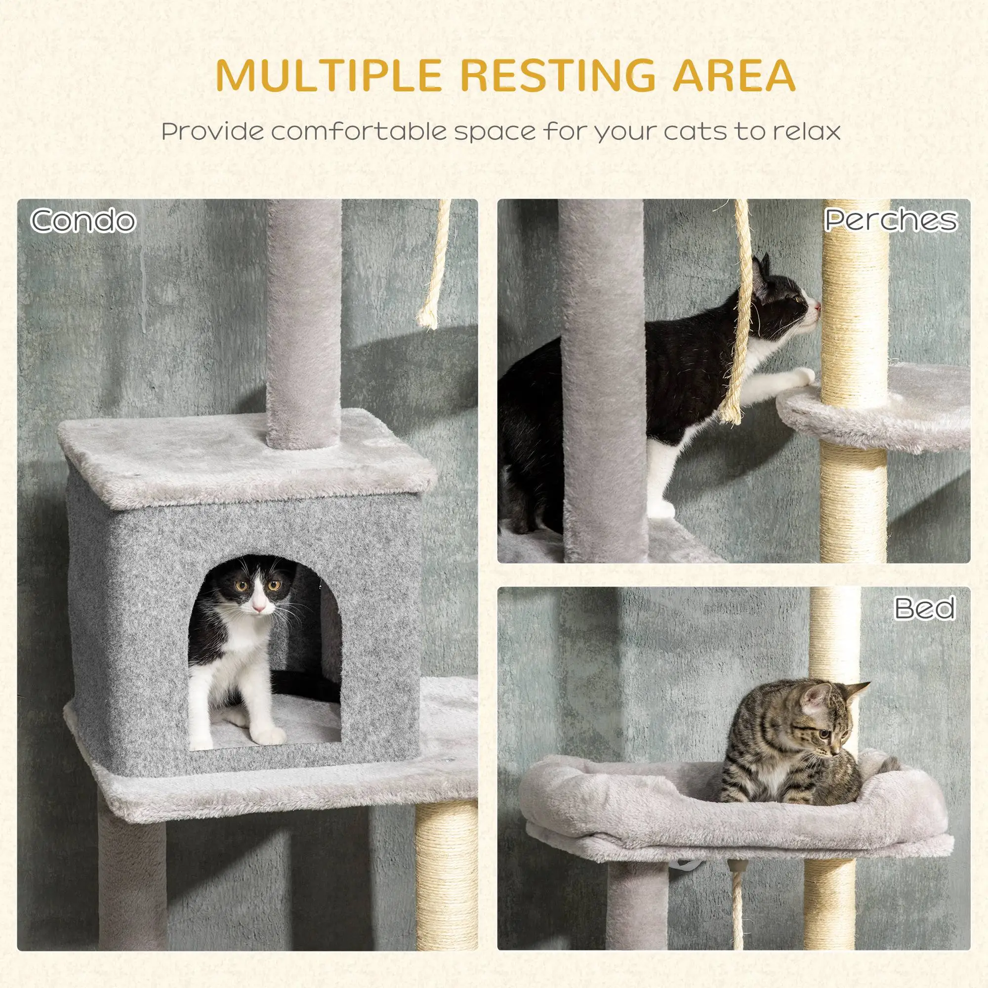 Adjustable Cat Tree, 85-101 Inches, Climbing Center with Scratching Posts, Grey - Image 6