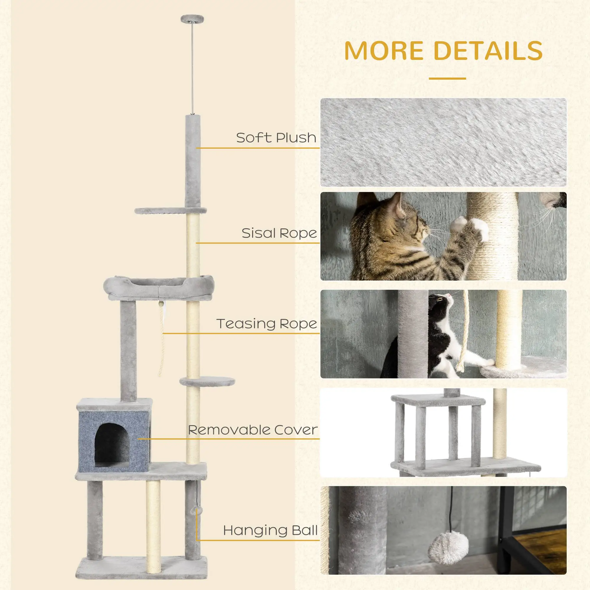 Adjustable Cat Tree, 85-101 Inches, Climbing Center with Scratching Posts, Grey - Image 7