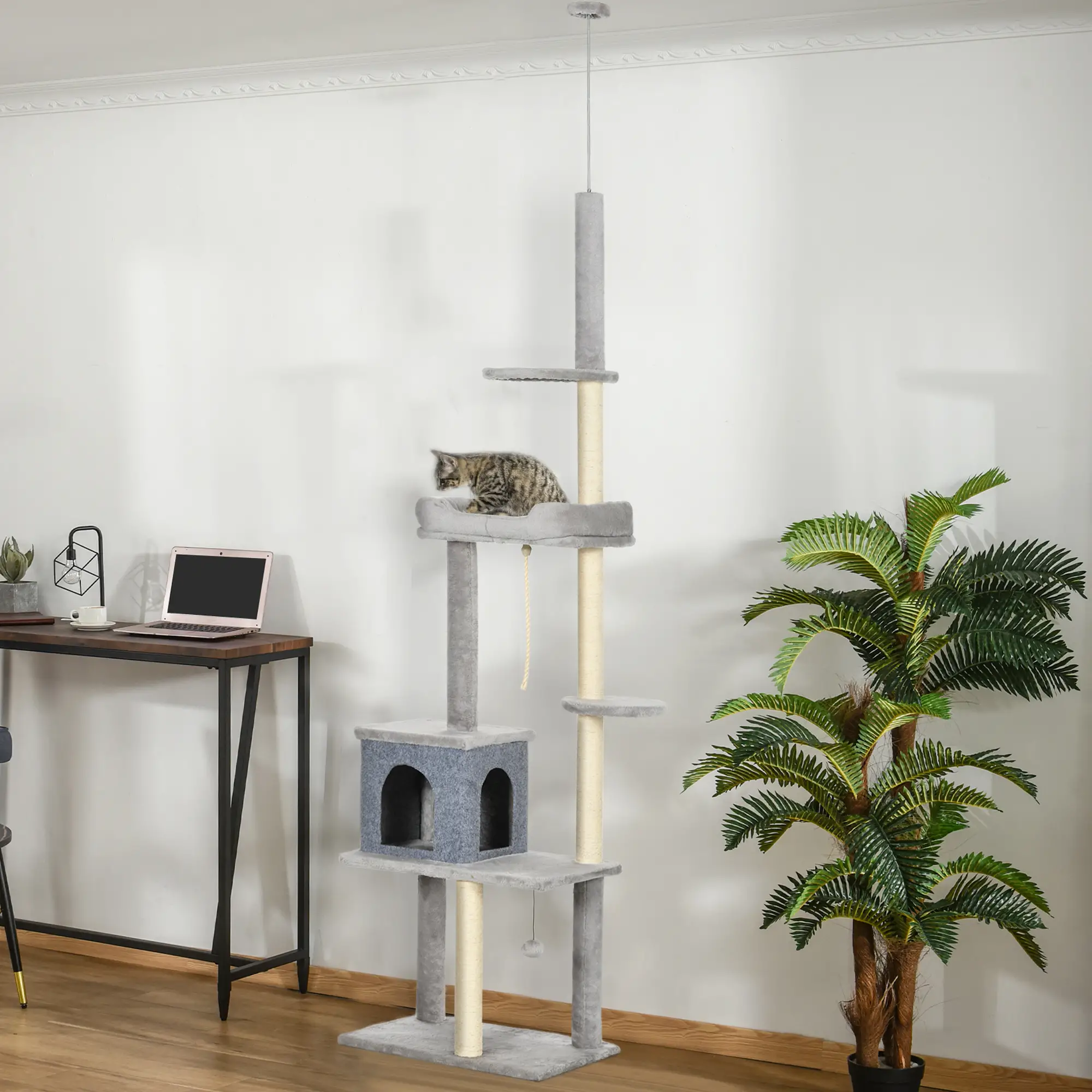 Adjustable Cat Tree, 85-101 Inches, Climbing Center with Scratching Posts, Grey - Image 8