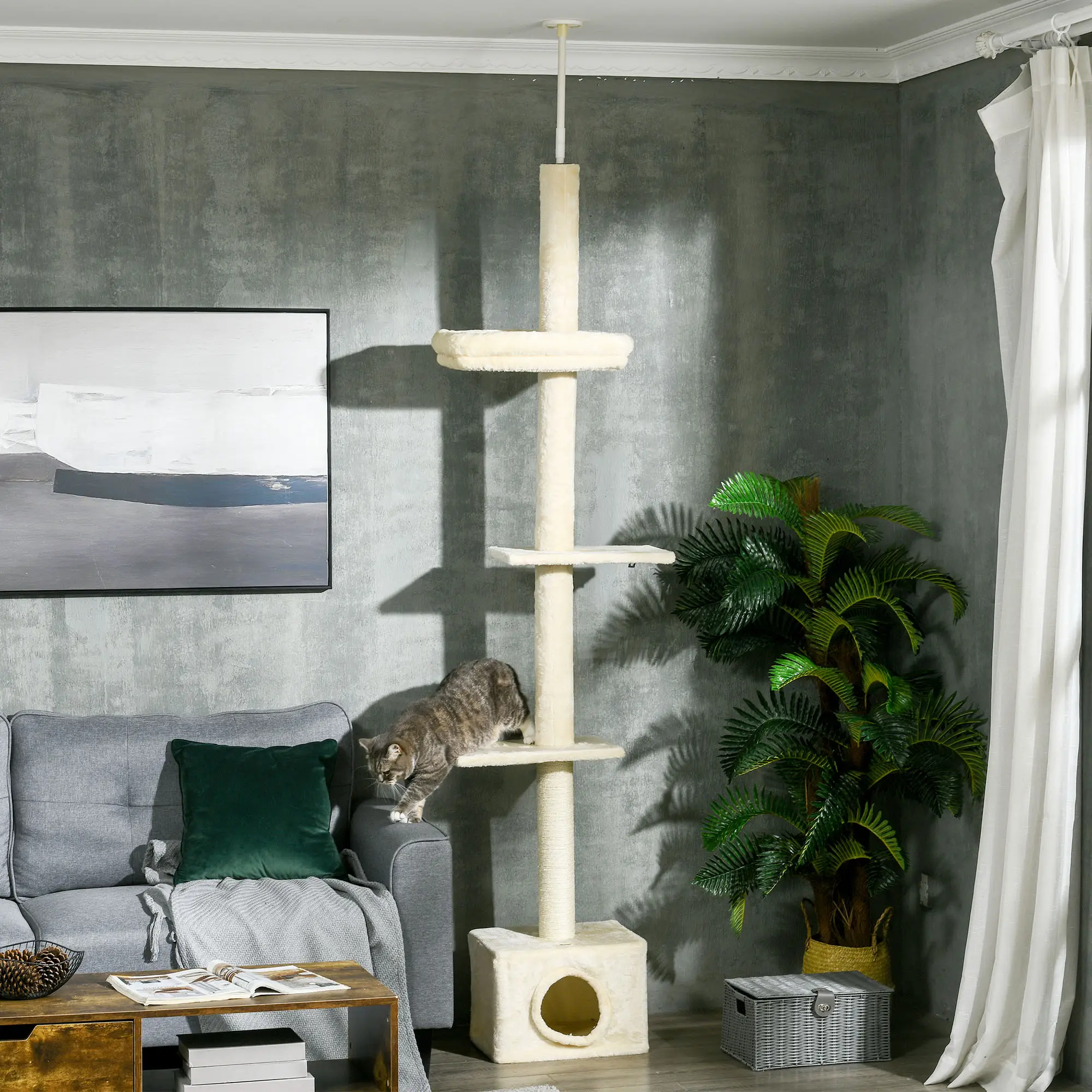 Adjustable Cat Tree, Scratching Post, House, Bed, 91-102 Inches, Beige - Image 2