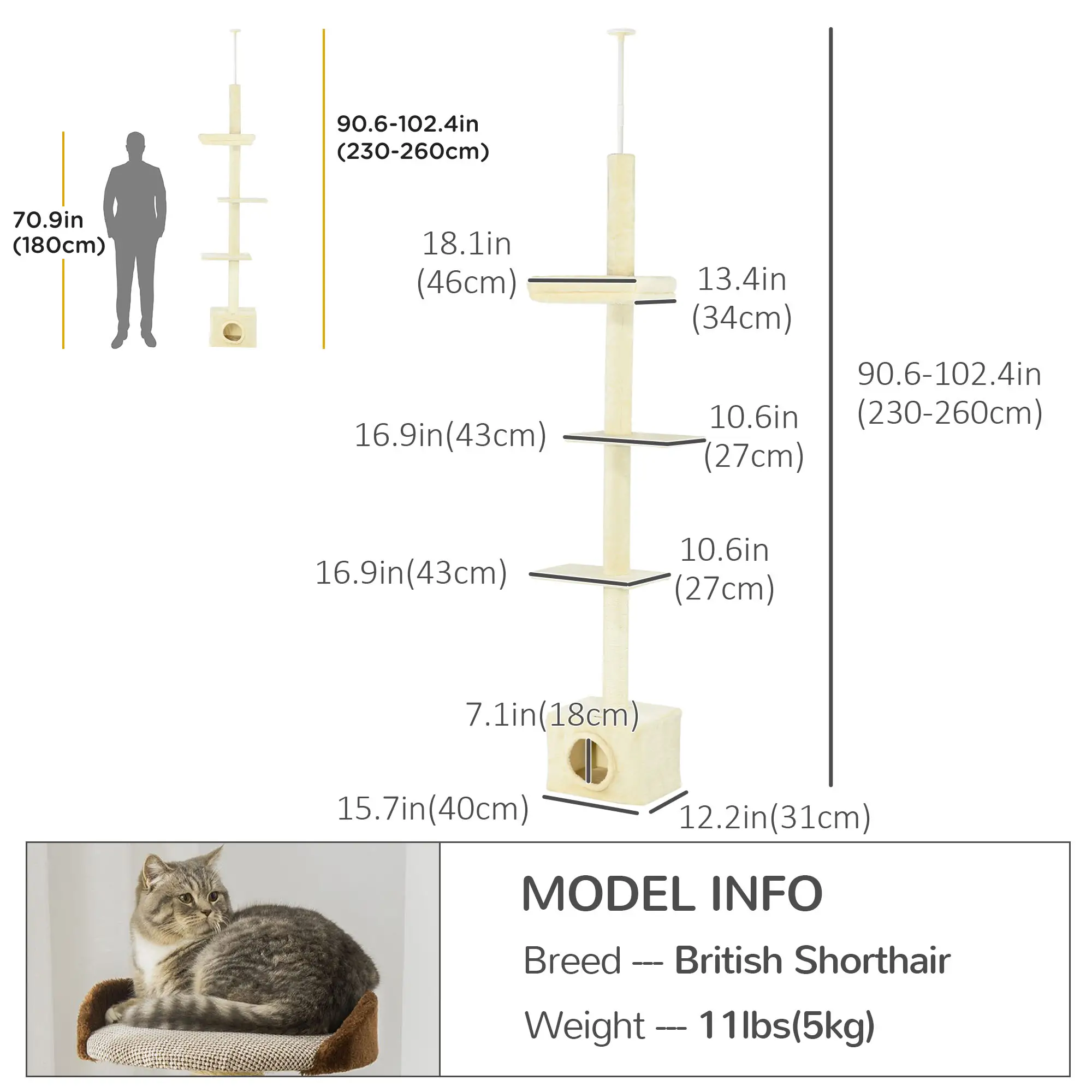 Adjustable Cat Tree, Scratching Post, House, Bed, 91-102 Inches, Beige - Image 3