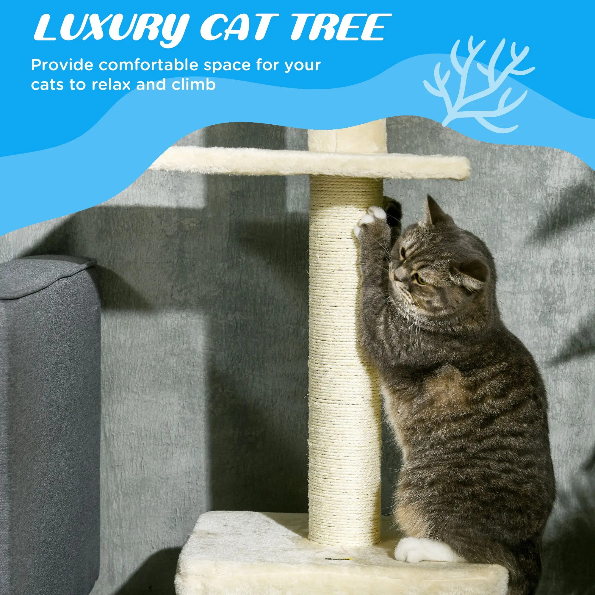 Adjustable Cat Tree, Scratching Post, House, Bed, 91-102 Inches, Beige - Image 4