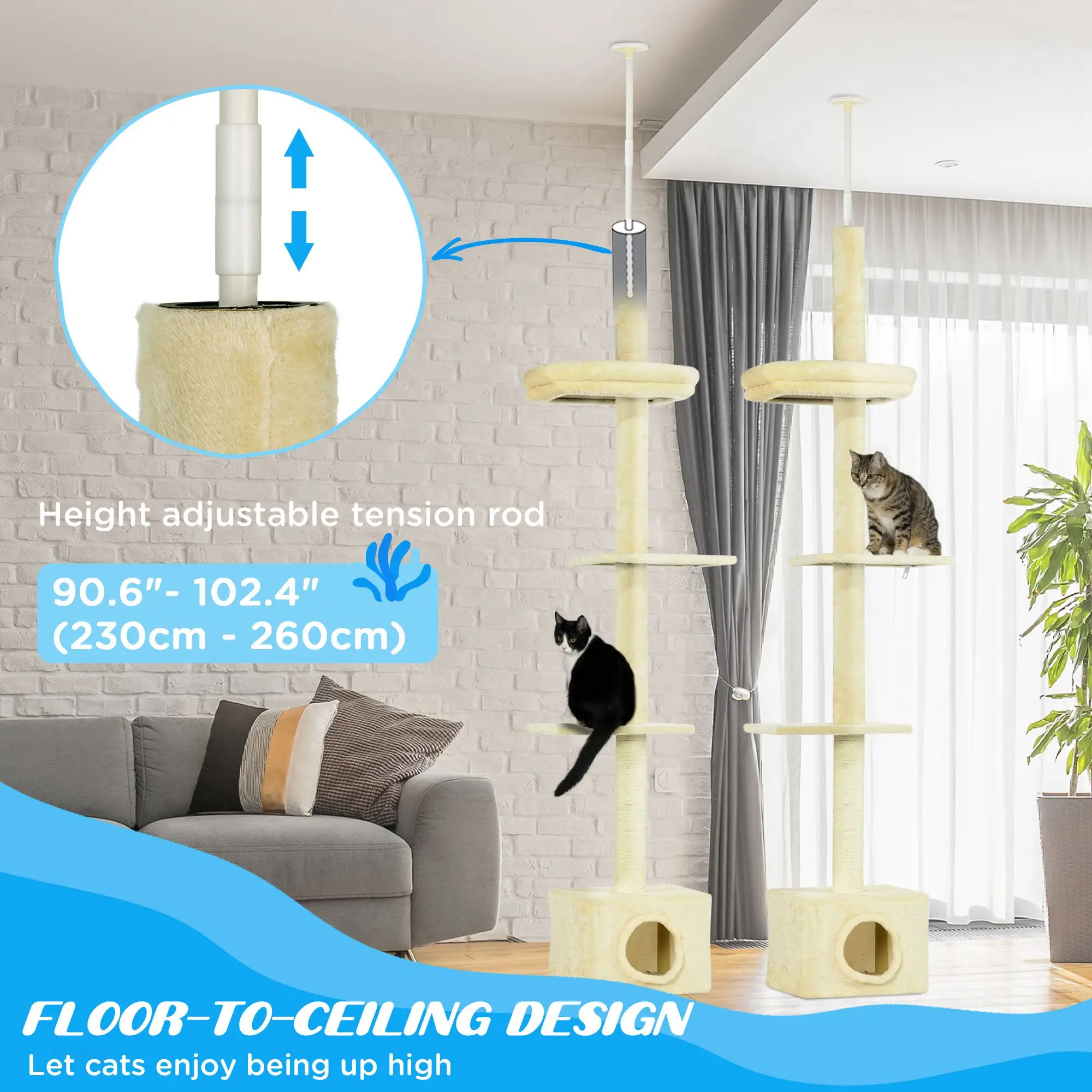 Adjustable Cat Tree, Scratching Post, House, Bed, 91-102 Inches, Beige - Image 5