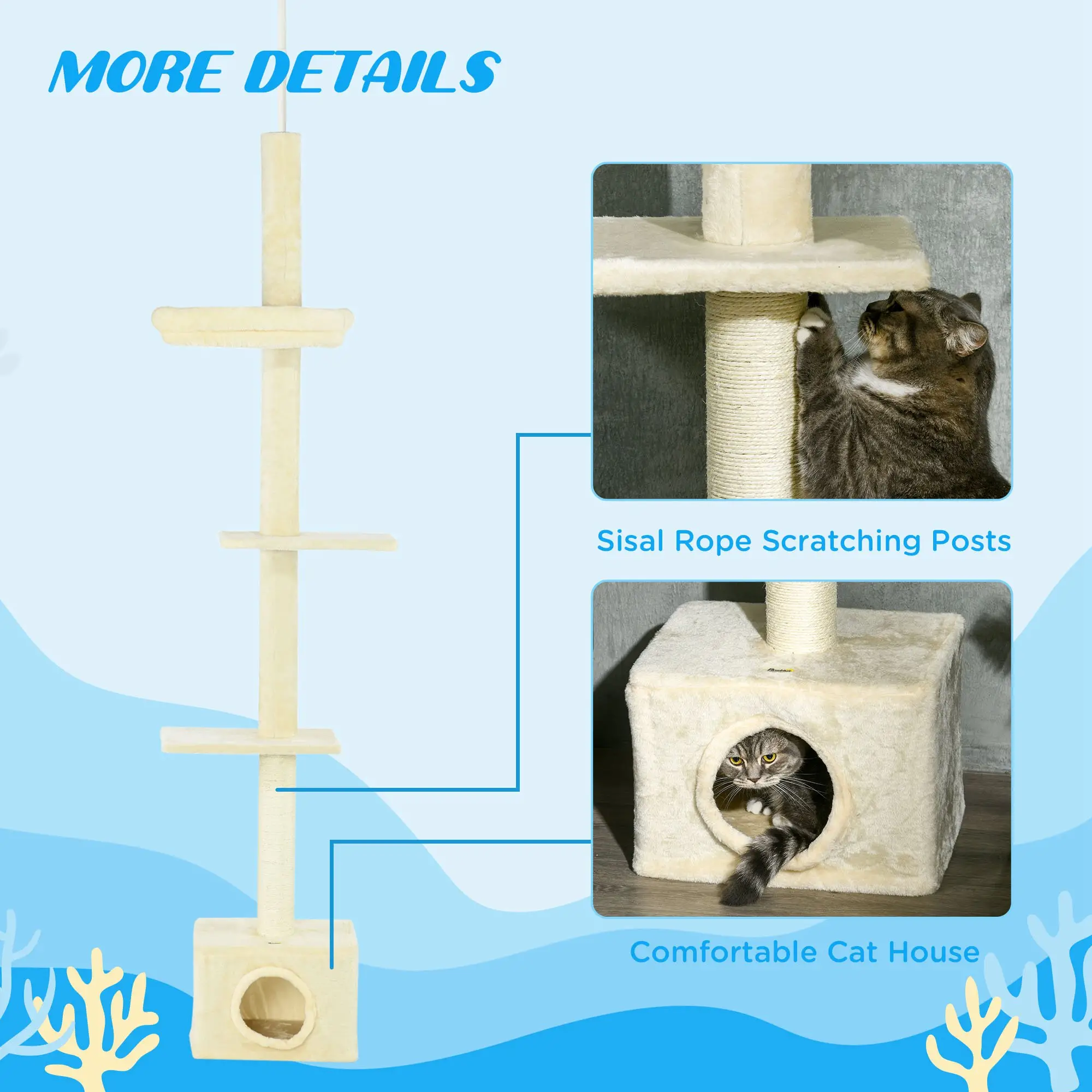 Adjustable Cat Tree, Scratching Post, House, Bed, 91-102 Inches, Beige - Image 6
