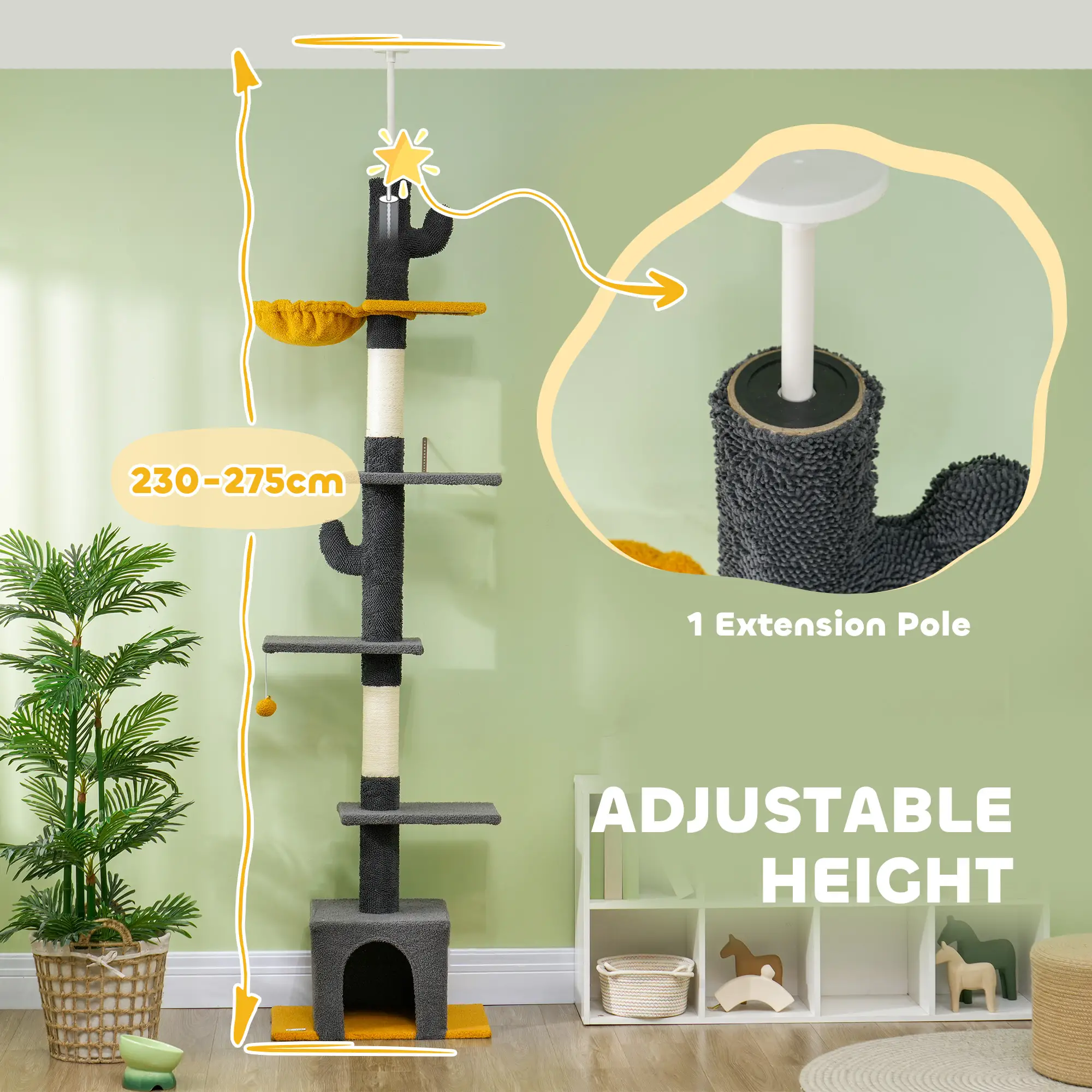 Adjustable Cat Tree Tower, 90.5"-108", Scratching Posts, Hammock, Condo, Dark Grey - Image 4