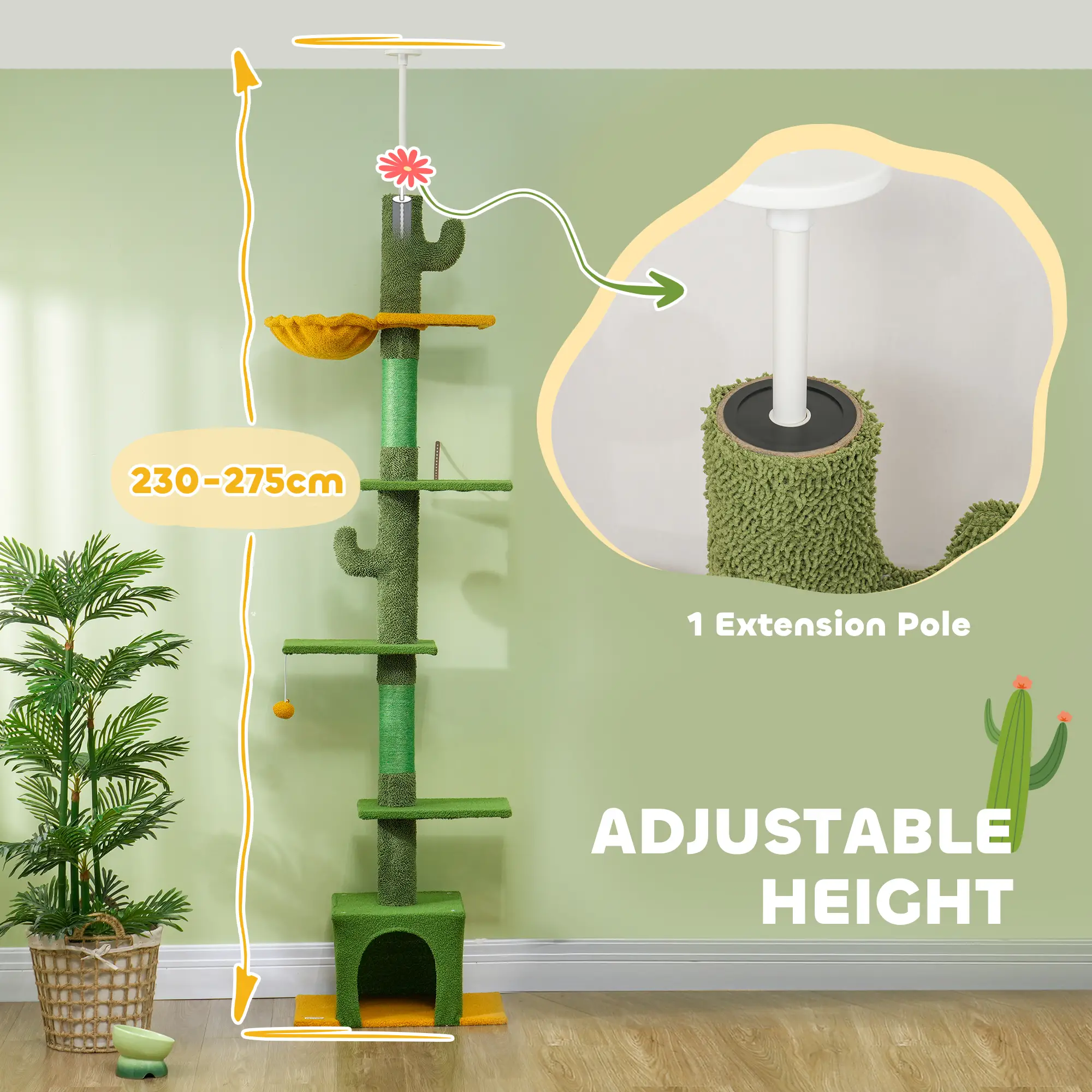 Adjustable Cat Tree Tower, 90.5"-108", Scratching Posts, Hammock, Green - Image 4