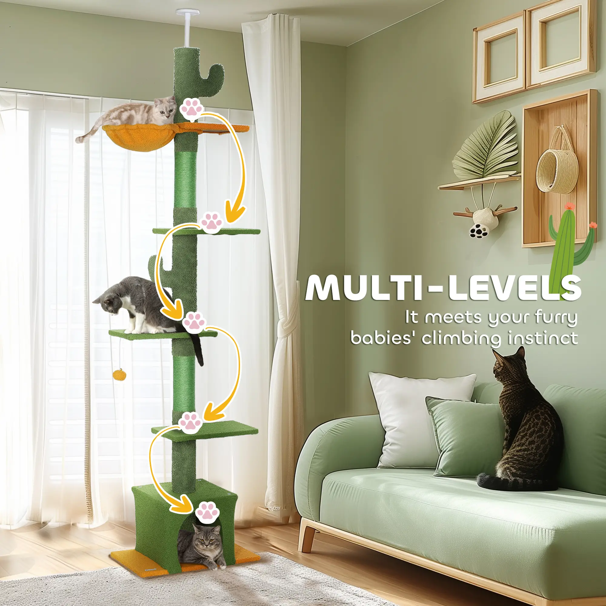 Adjustable Cat Tree Tower, 90.5"-108", Scratching Posts, Hammock, Green - Image 6