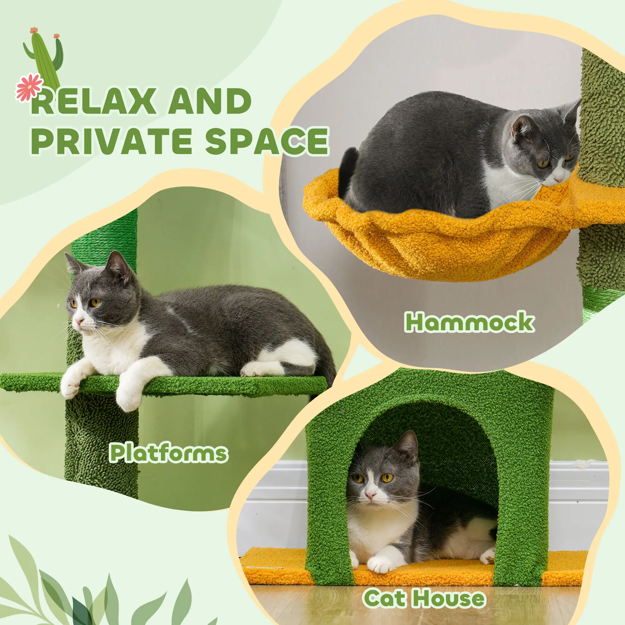 Adjustable Cat Tree Tower, 90.5"-108", Scratching Posts, Hammock, Green - Image 7