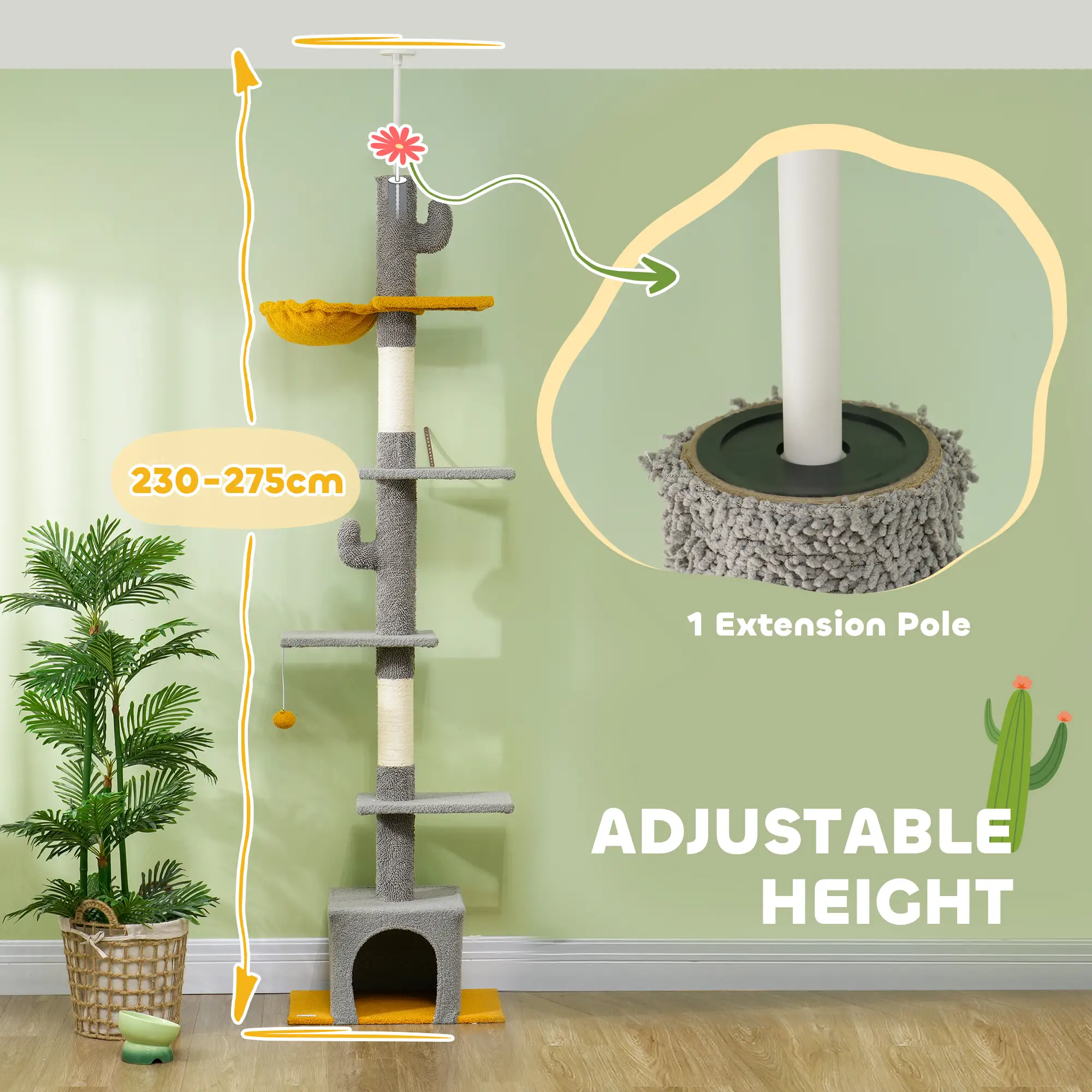 Adjustable Cat Tree Tower, 90.5"-108", Scratching Posts, Hammock, Light Grey - Image 4