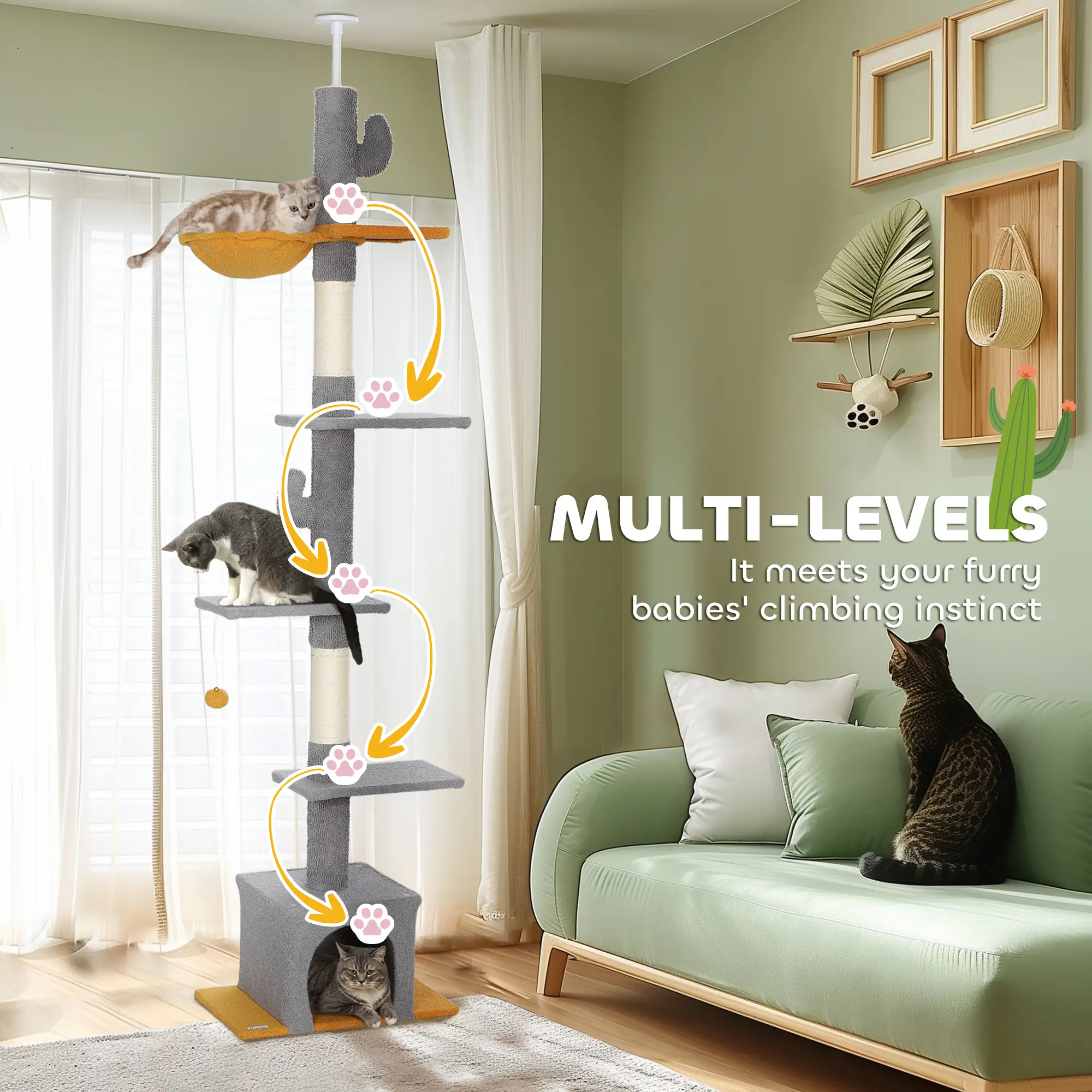 Adjustable Cat Tree Tower, 90.5"-108", Scratching Posts, Hammock, Light Grey - Image 6