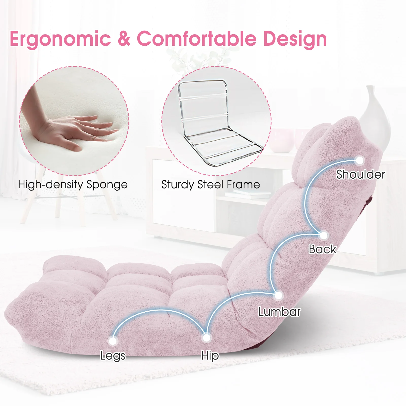 Adjustable Cushioned Floor Chair, 14-Position, Light Pink - Image 8