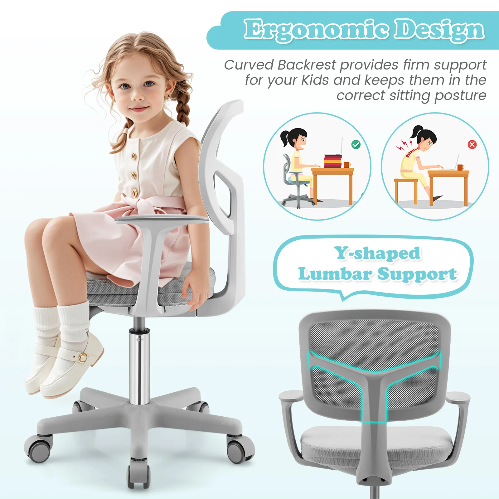 Adjustable Desk Chair, 5 Rolling Casters, Gray - Image 10