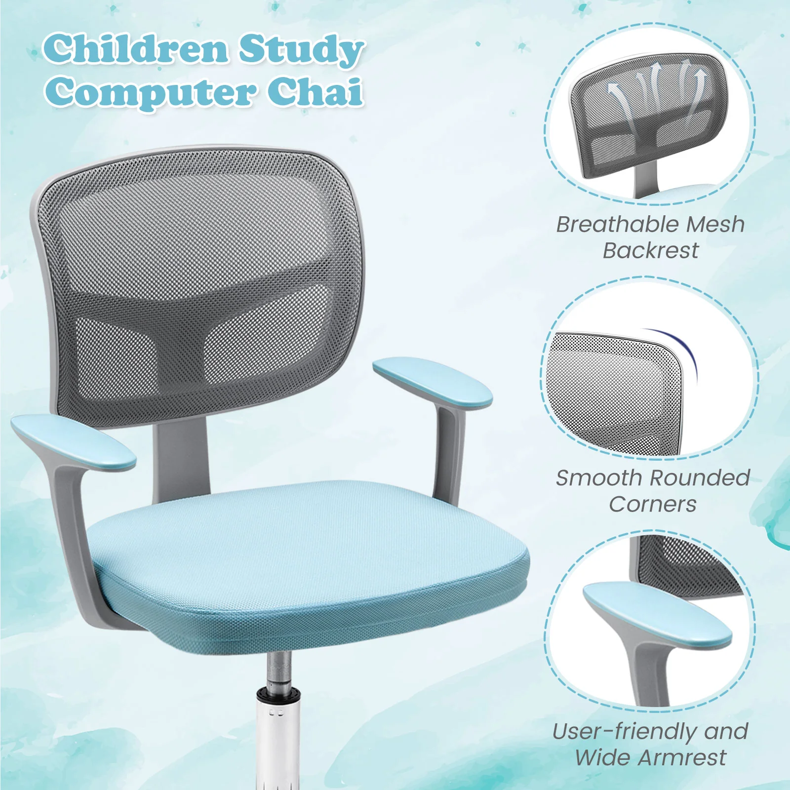 Adjustable Desk Chair, Auto Brake Casters, Kids, Blue - Image 10