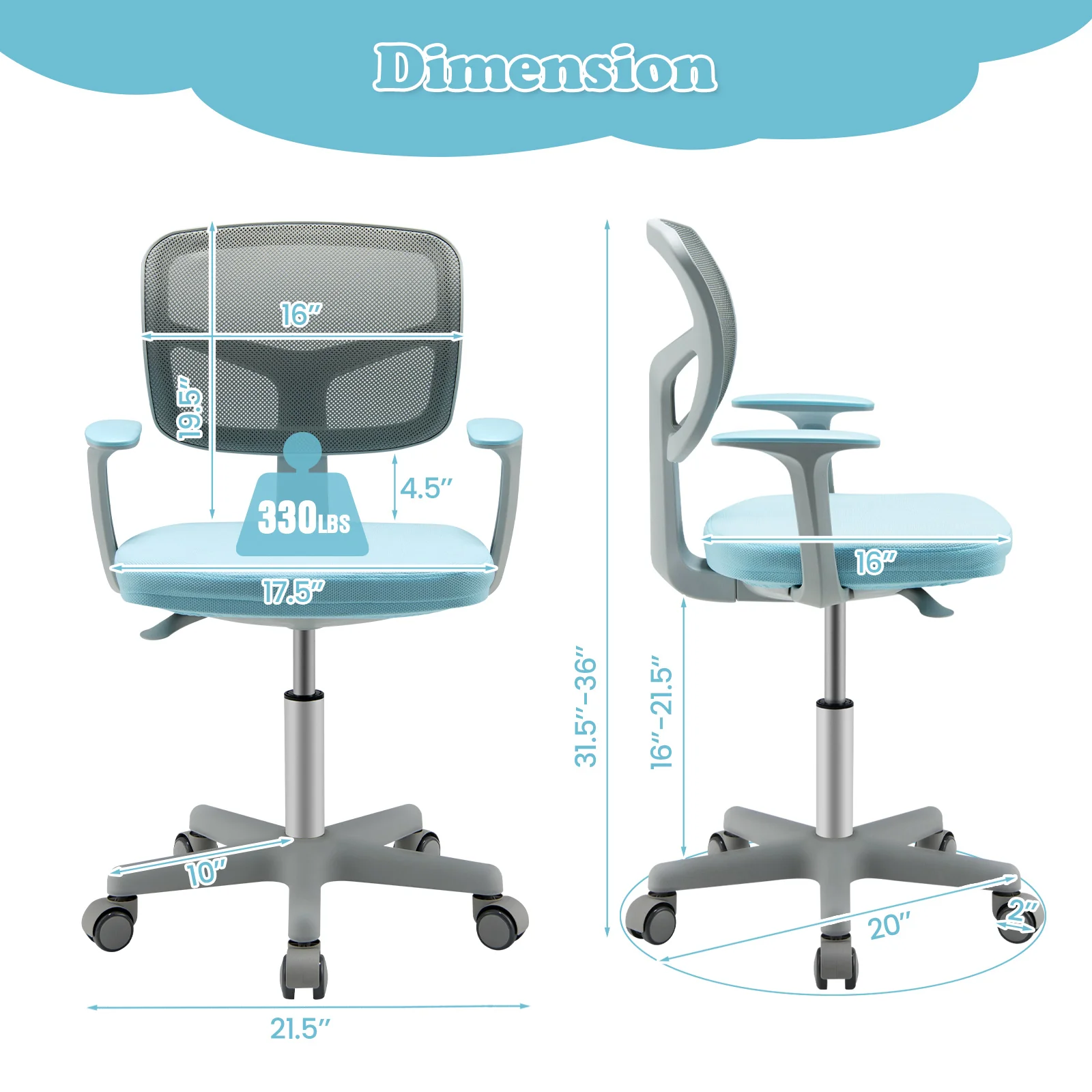 Adjustable Desk Chair, Auto Brake Casters, Kids, Blue - Image 6