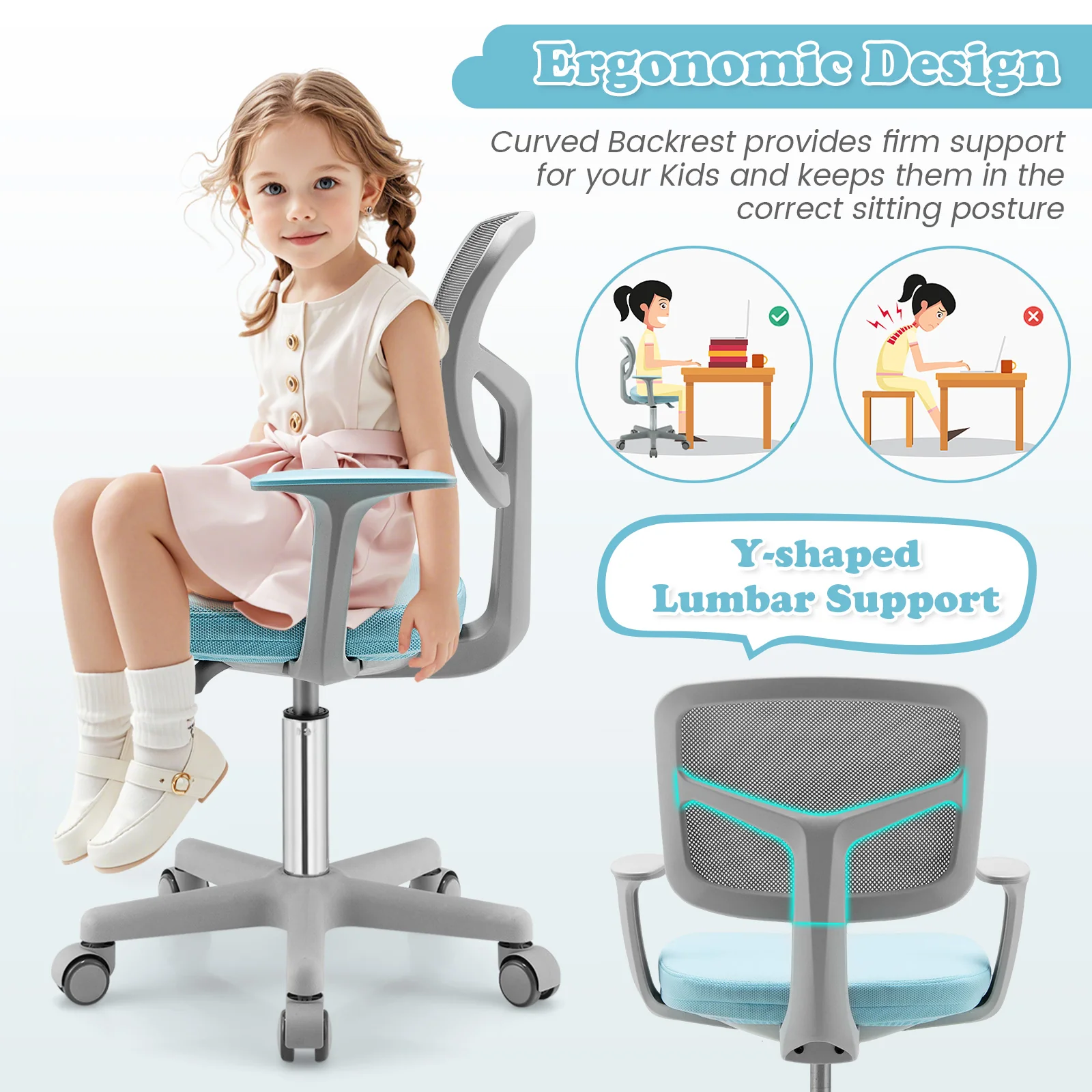 Adjustable Desk Chair, Auto Brake Casters, Kids, Blue - Image 7