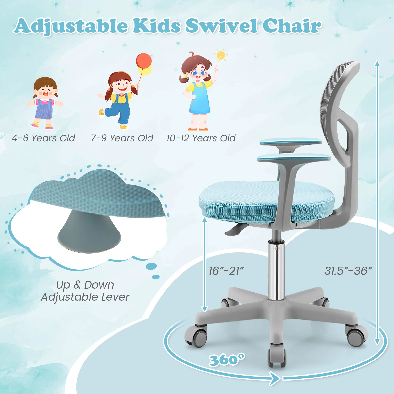 Adjustable Desk Chair, Auto Brake Casters, Kids, Blue - Image 8