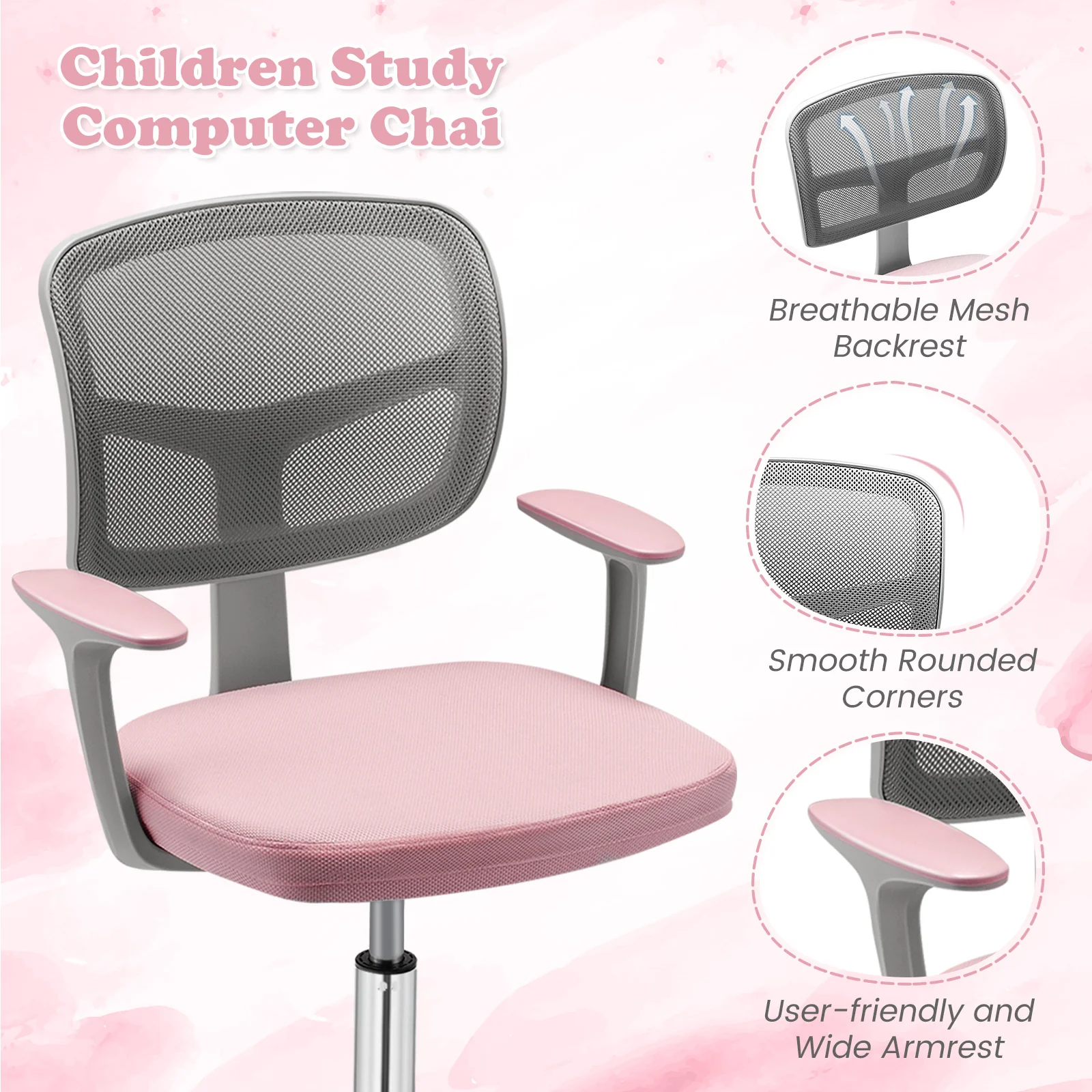 Adjustable Desk Chair With Auto Brake Casters, Pink - Image 10
