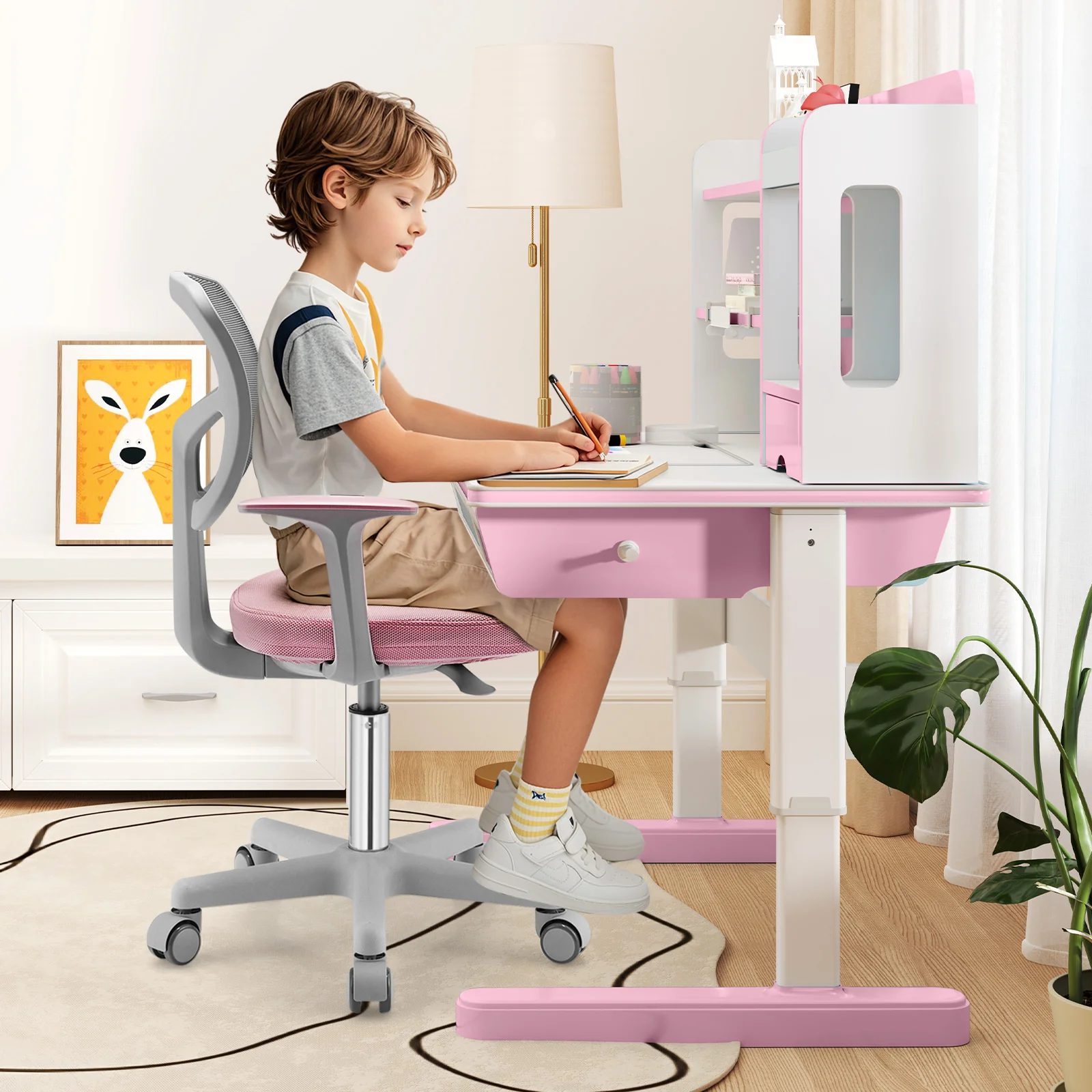 Adjustable Desk Chair With Auto Brake Casters, Pink - Image 3