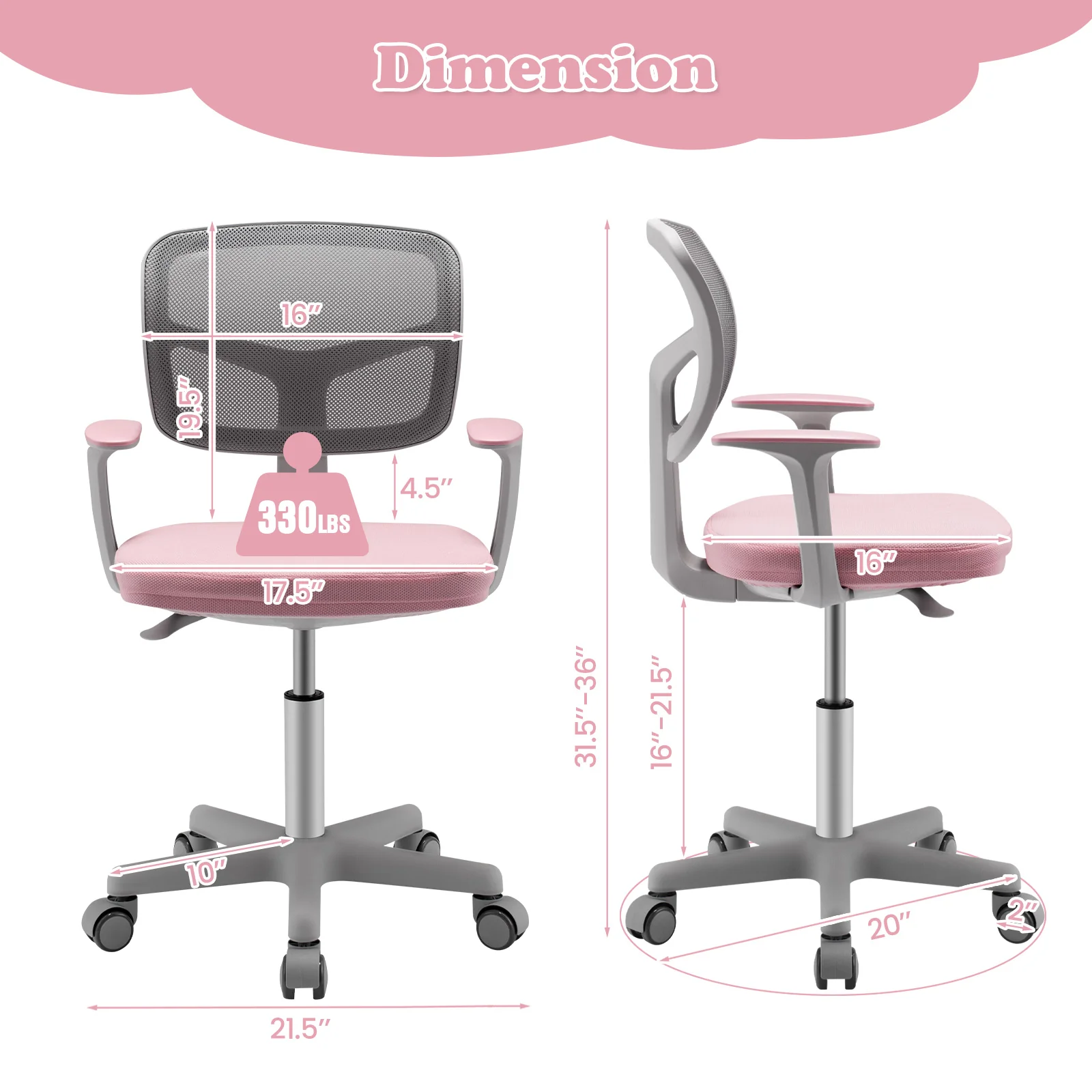 Adjustable Desk Chair With Auto Brake Casters, Pink - Image 6