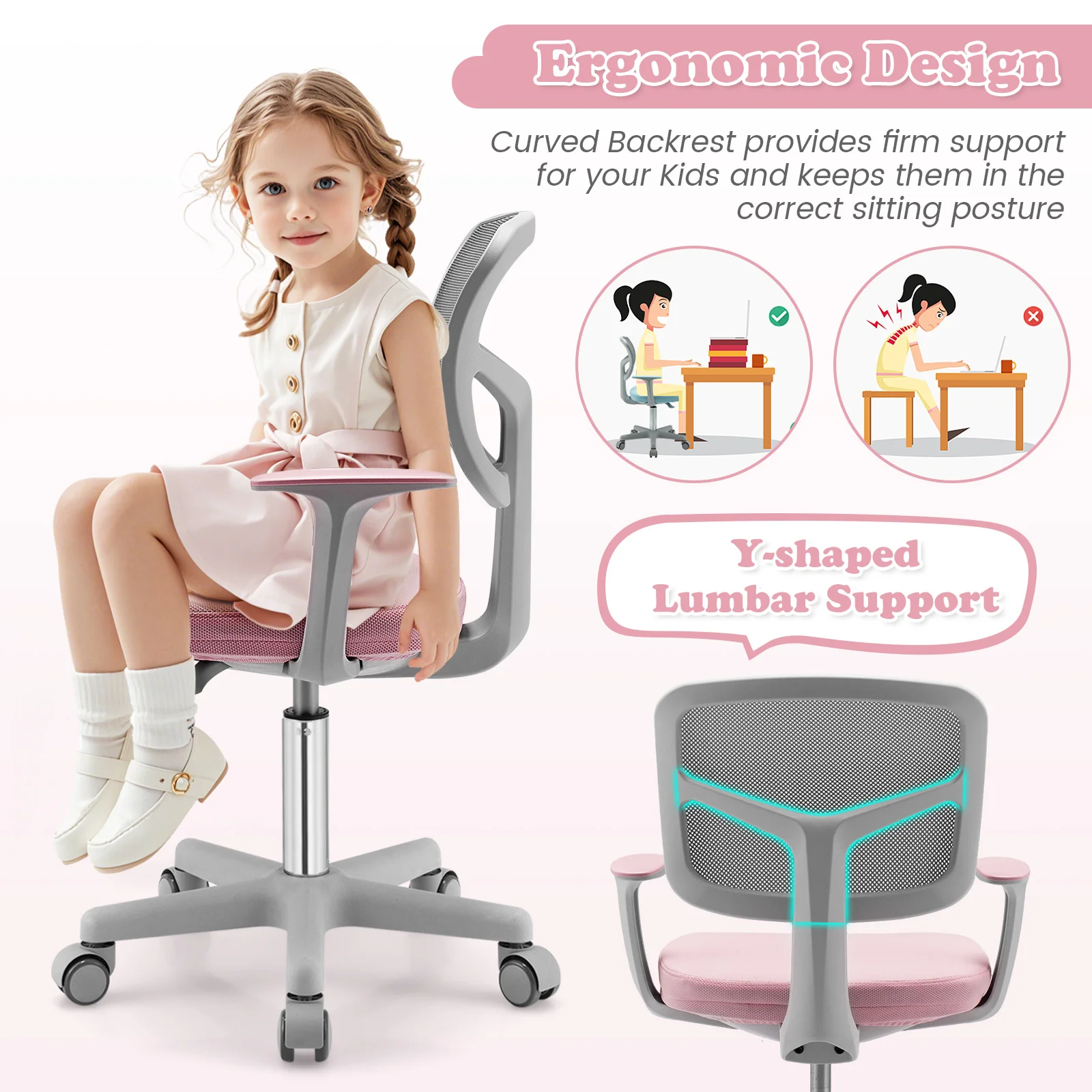 Adjustable Desk Chair With Auto Brake Casters, Pink - Image 7