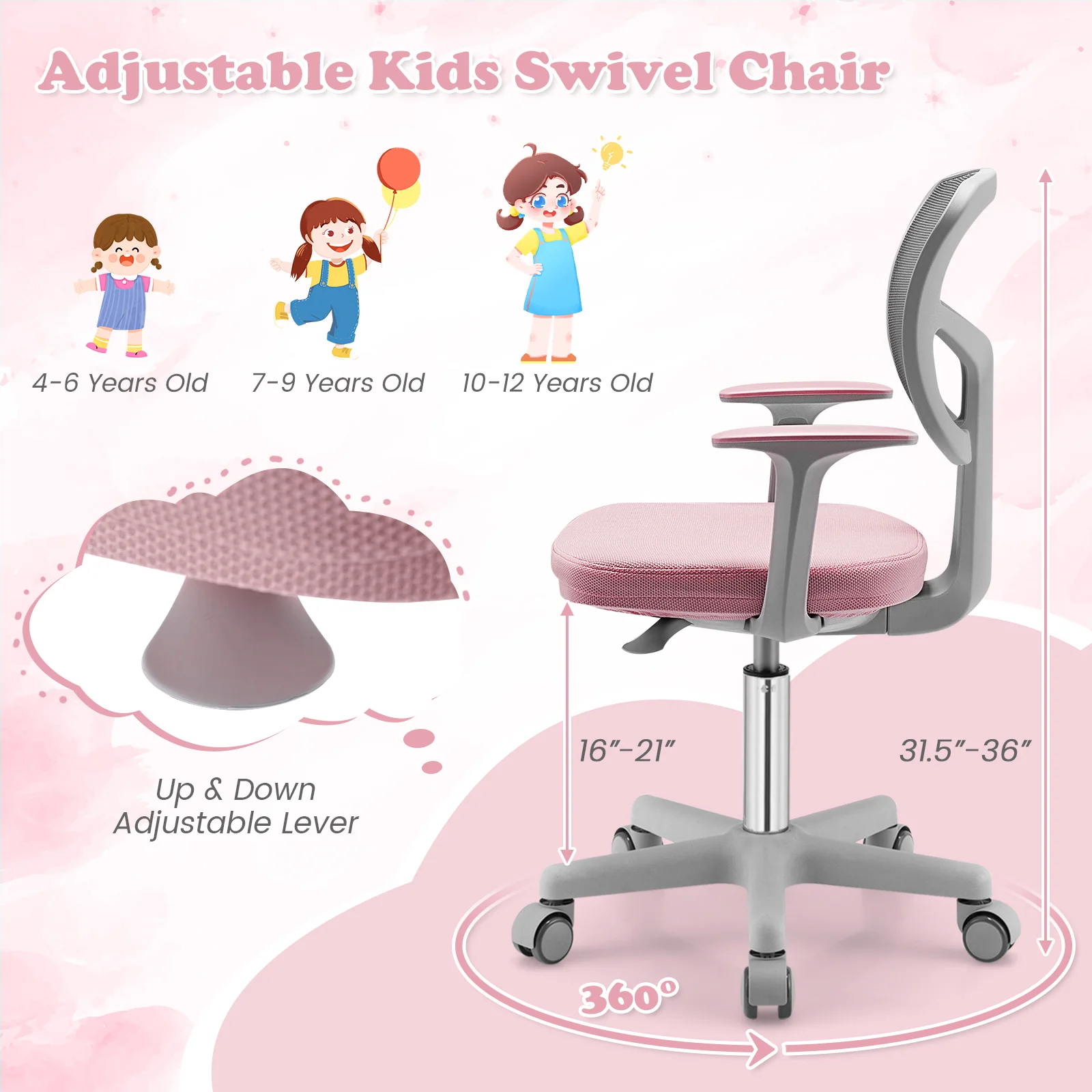 Adjustable Desk Chair With Auto Brake Casters, Pink - Image 8