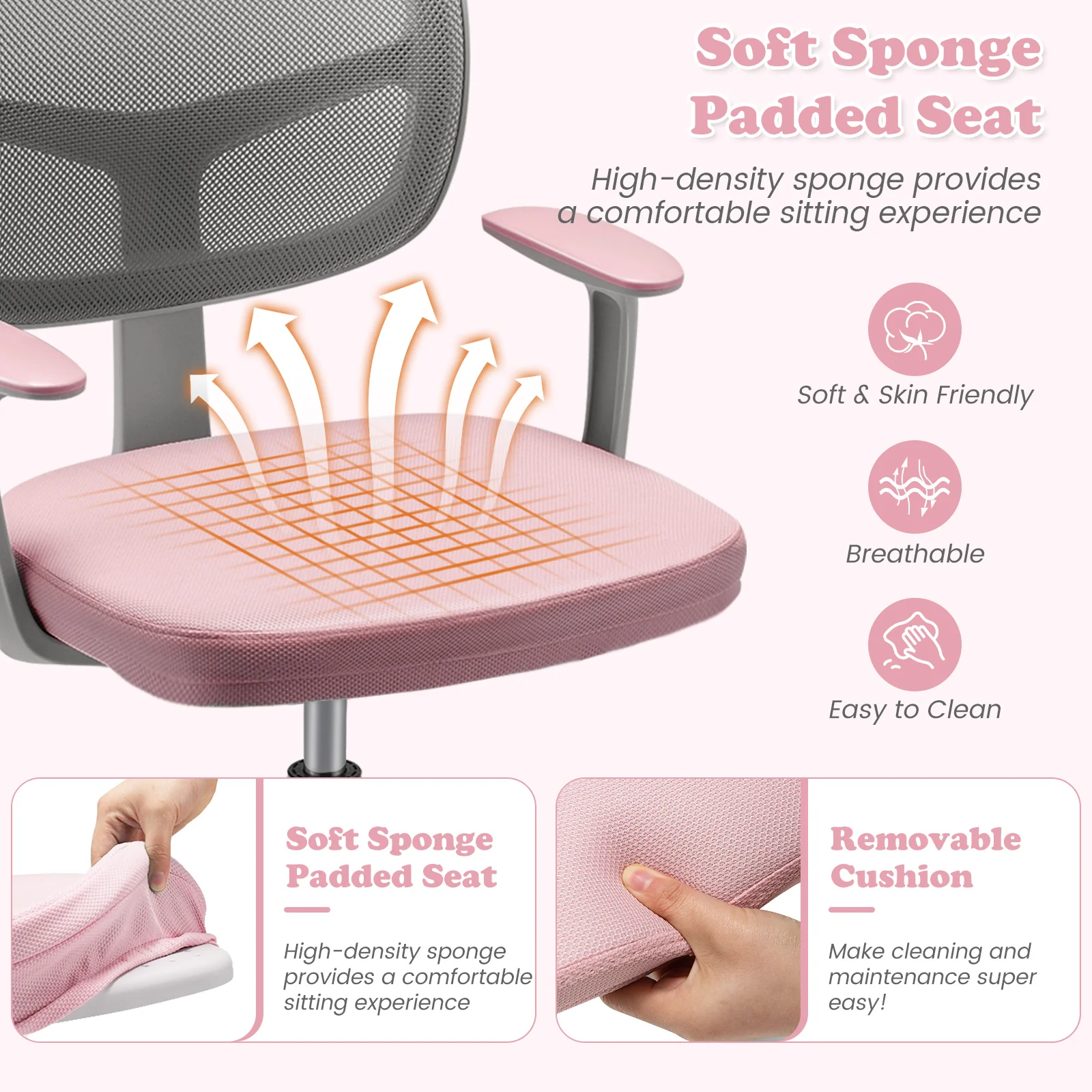 Adjustable Desk Chair With Auto Brake Casters, Pink - Image 9