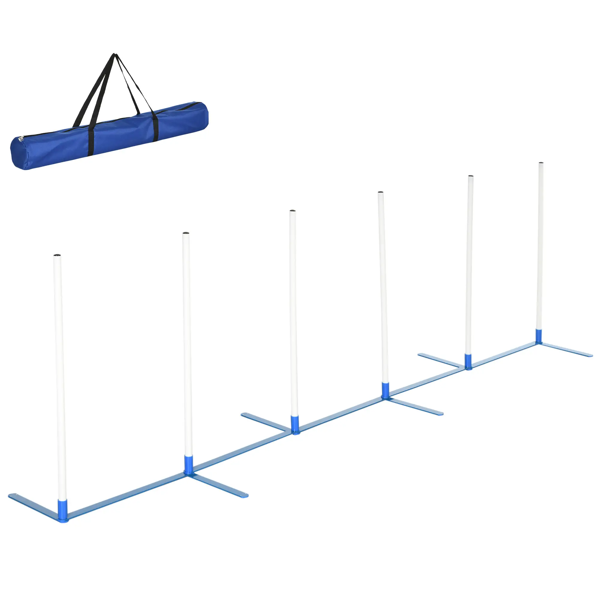 Adjustable Dog Agility Training Set, Weave Poles, Storage Bag, Blue and White
