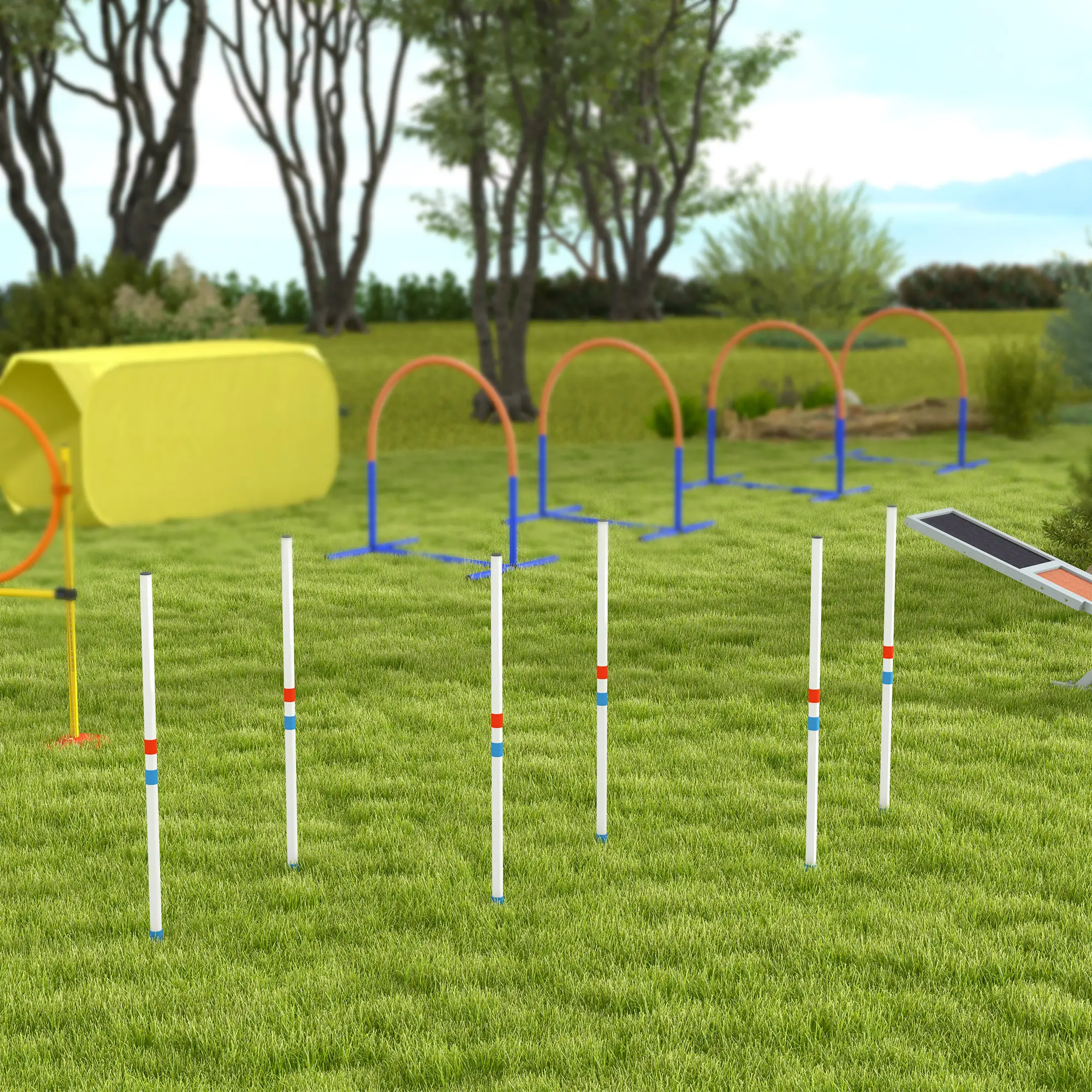 Adjustable Dog Agility Training Set, Weave Poles, Storage Bag, Blue and White - Image 10