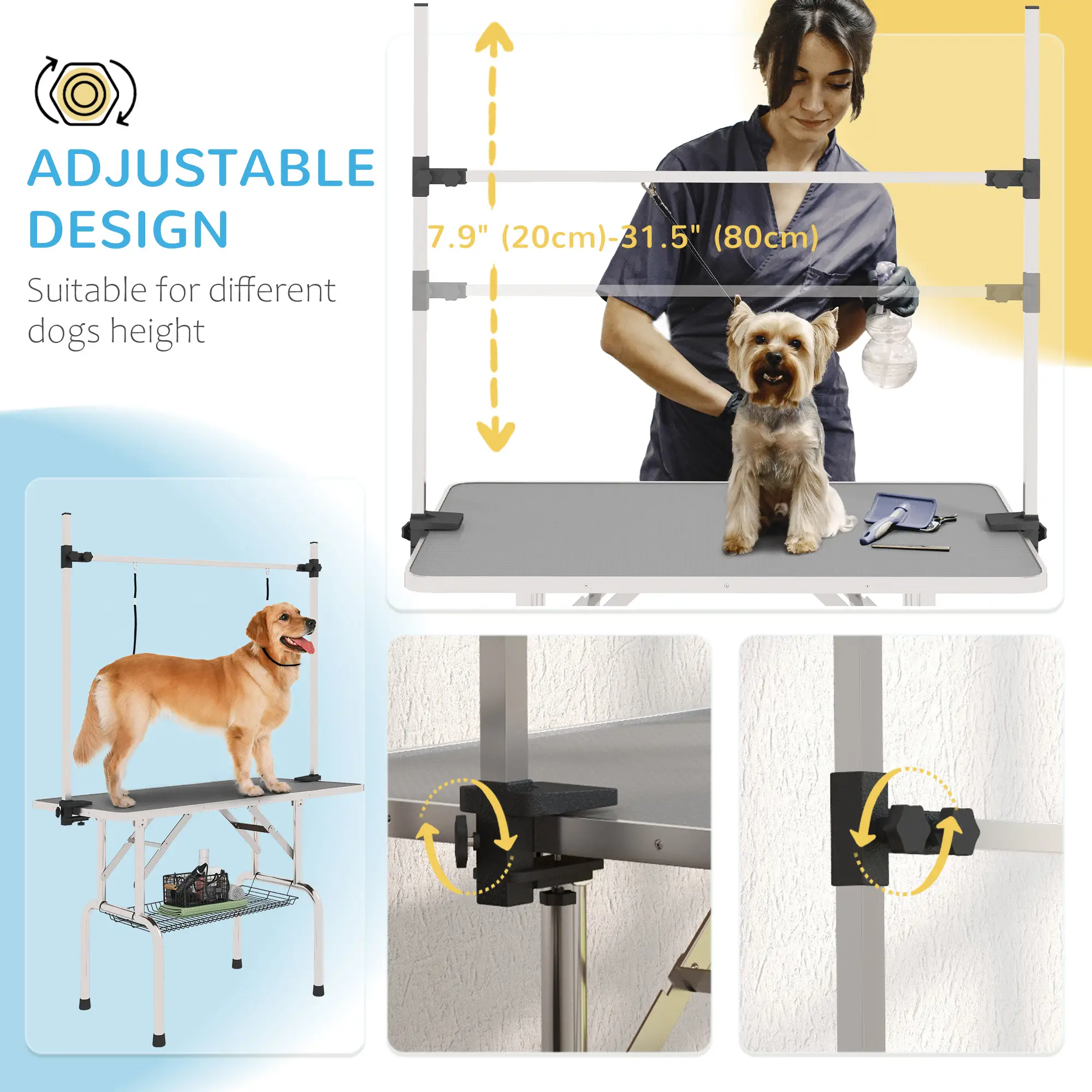 Adjustable Dog Grooming Table, 2 Safety Slings, Storage Basket, Grey - Image 4