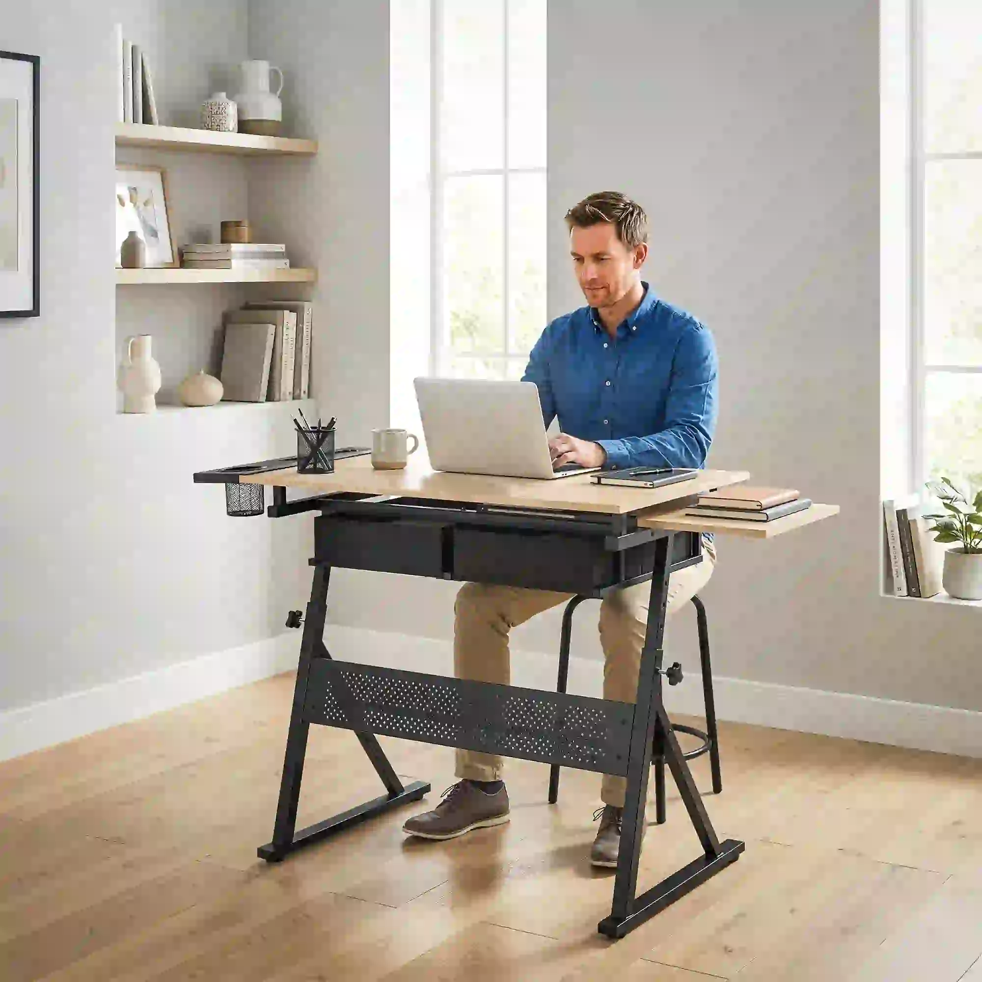 Adjustable Drafting Table, Art Desk With Stool And Storage Drawers, Oak - Image 10