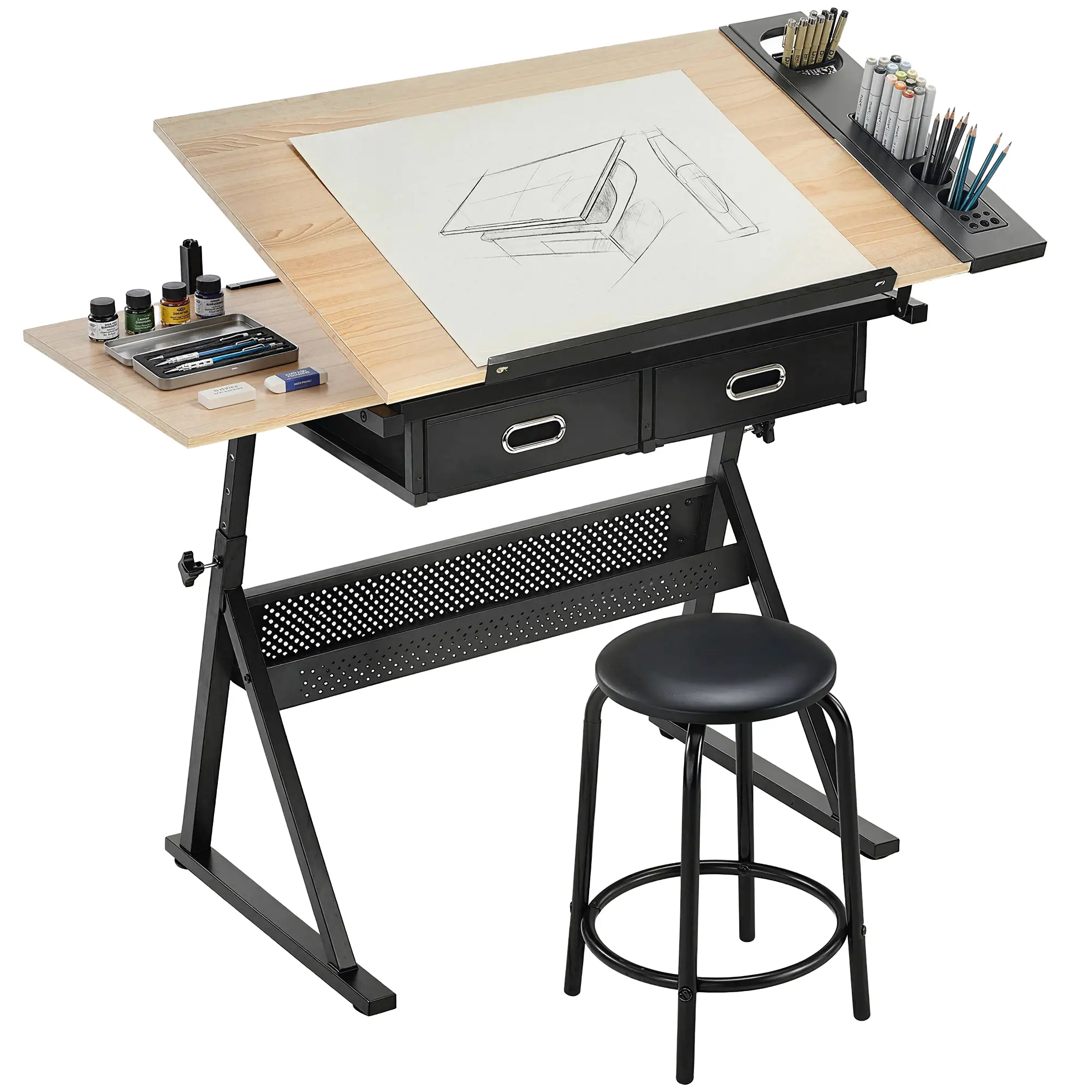 Adjustable Drafting Table, Art Desk With Stool And Storage Drawers, Oak - Image 11