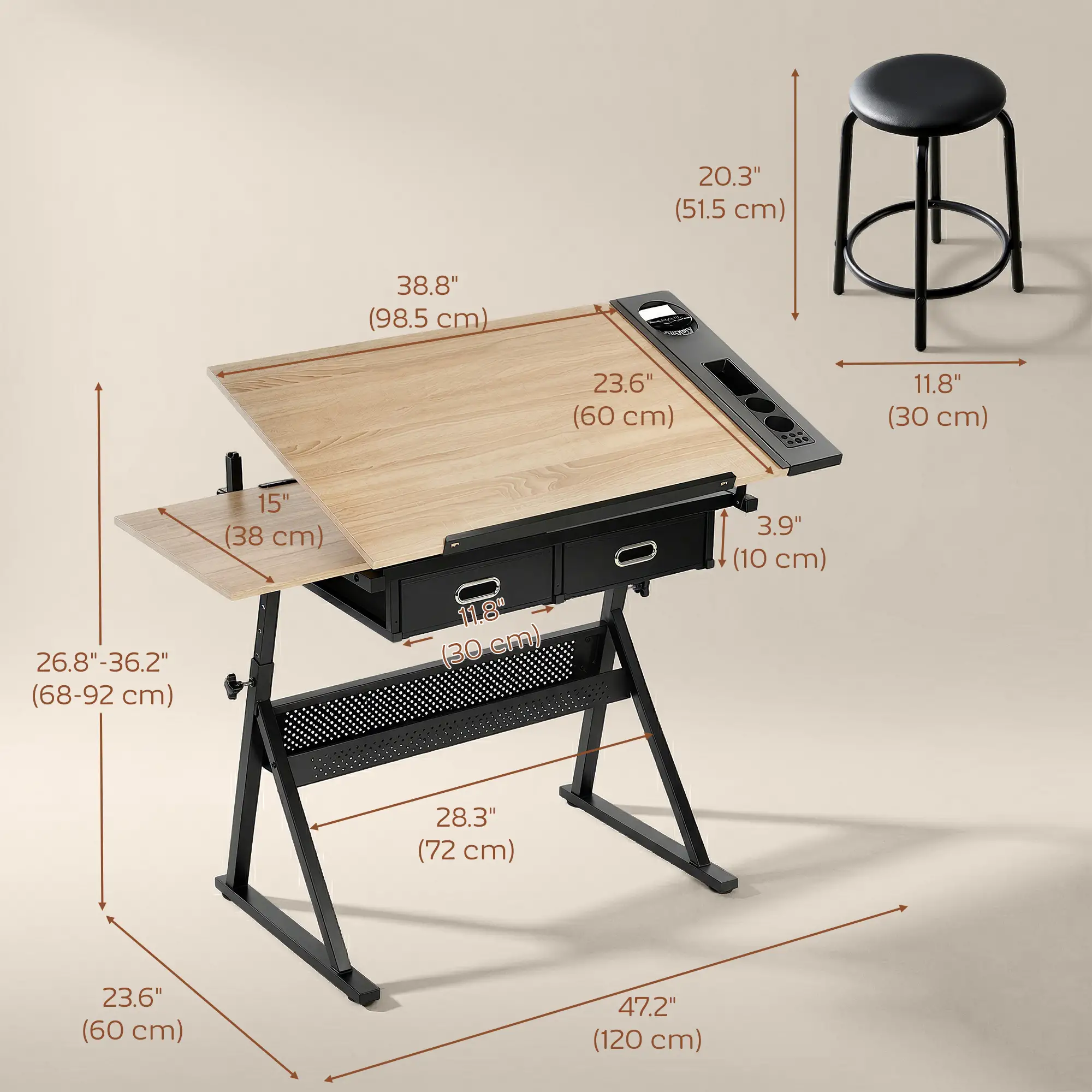 Adjustable Drafting Table, Art Desk With Stool And Storage Drawers, Oak - Image 3