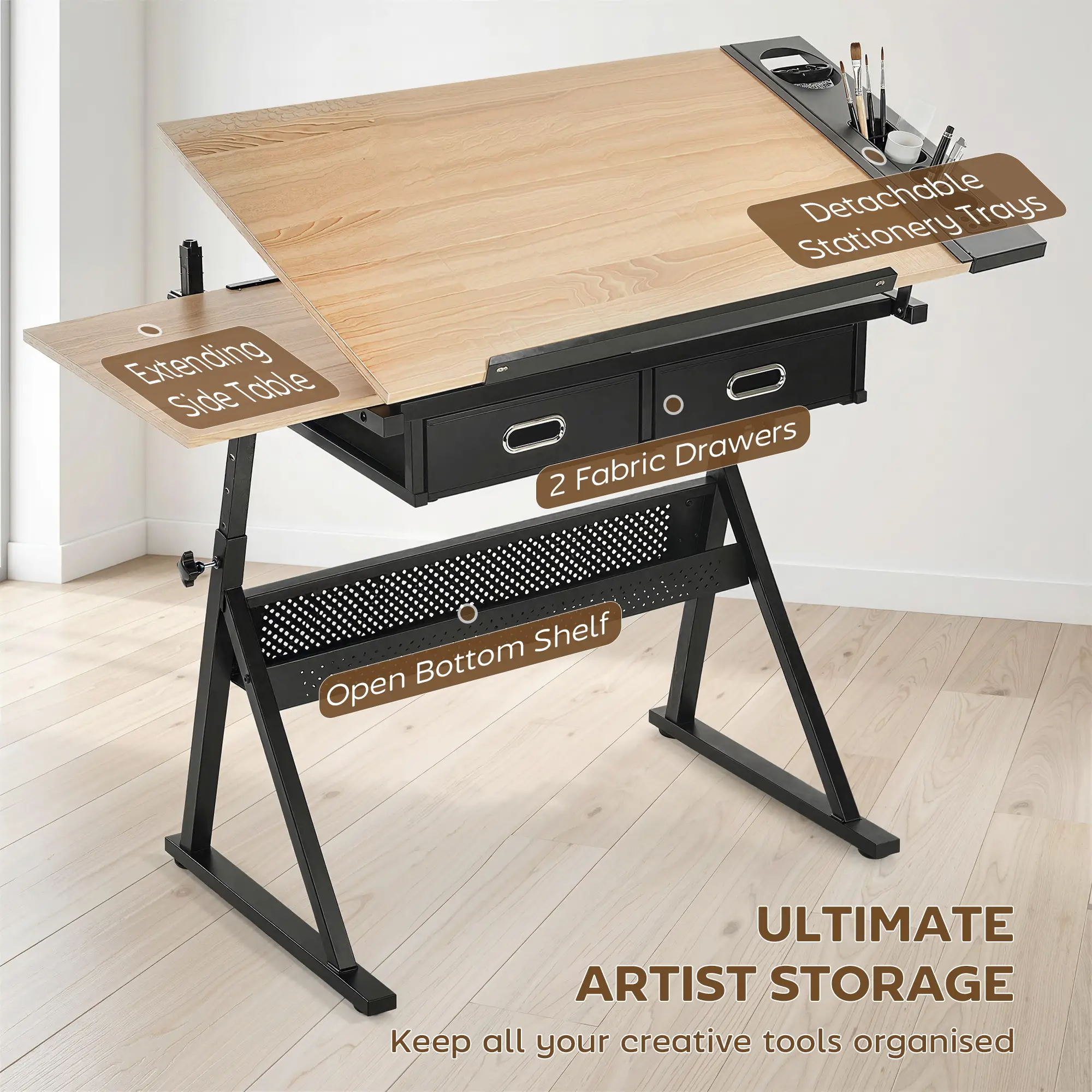 Adjustable Drafting Table, Art Desk With Stool And Storage Drawers, Oak - Image 5