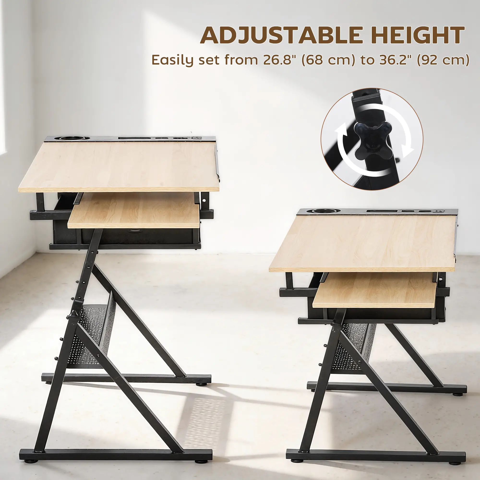 Adjustable Drafting Table, Art Desk With Stool And Storage Drawers, Oak - Image 6
