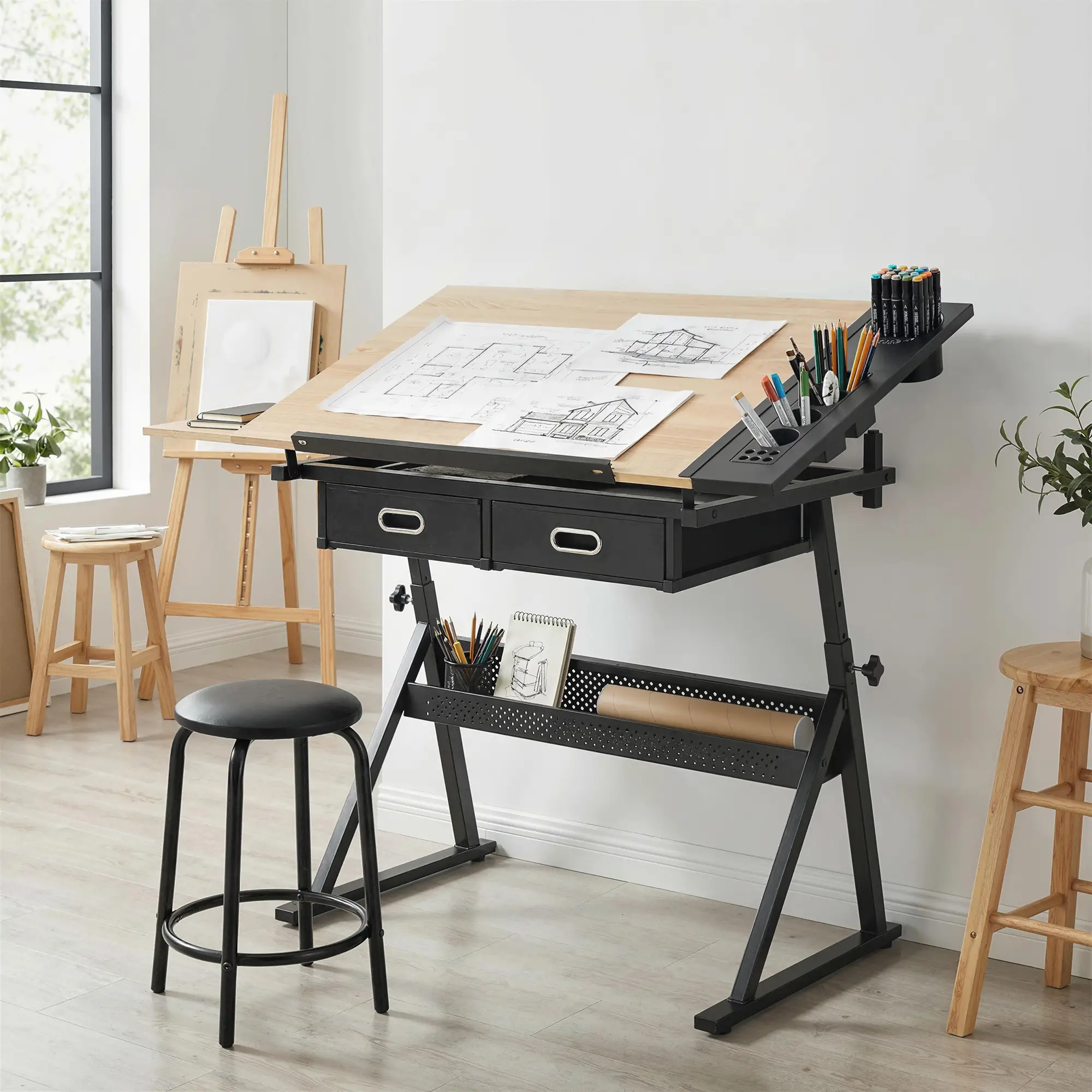 Adjustable Drafting Table, Art Desk With Stool And Storage Drawers, Oak - Image 8