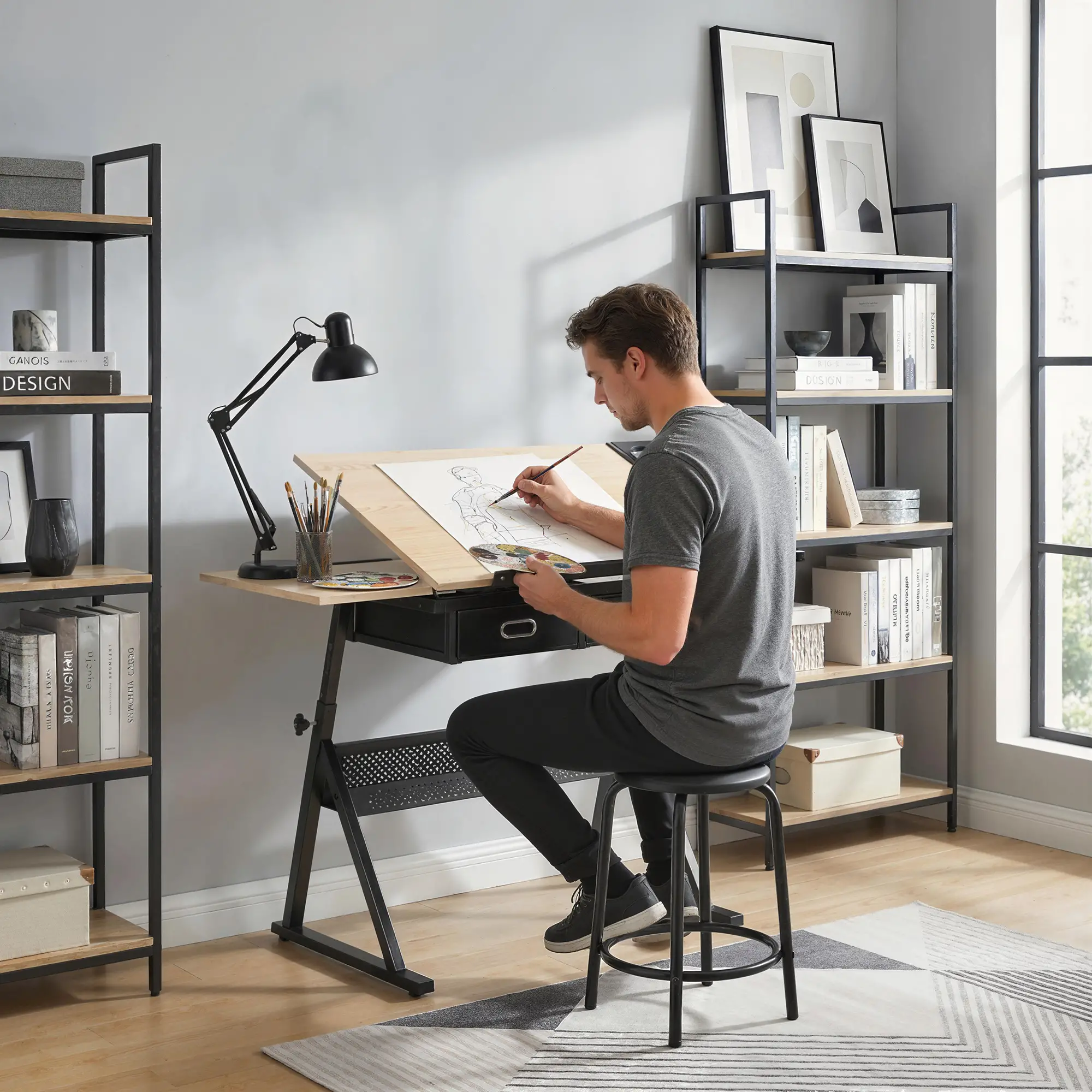 Adjustable Drafting Table, Art Desk With Stool And Storage Drawers, Oak - Image 9