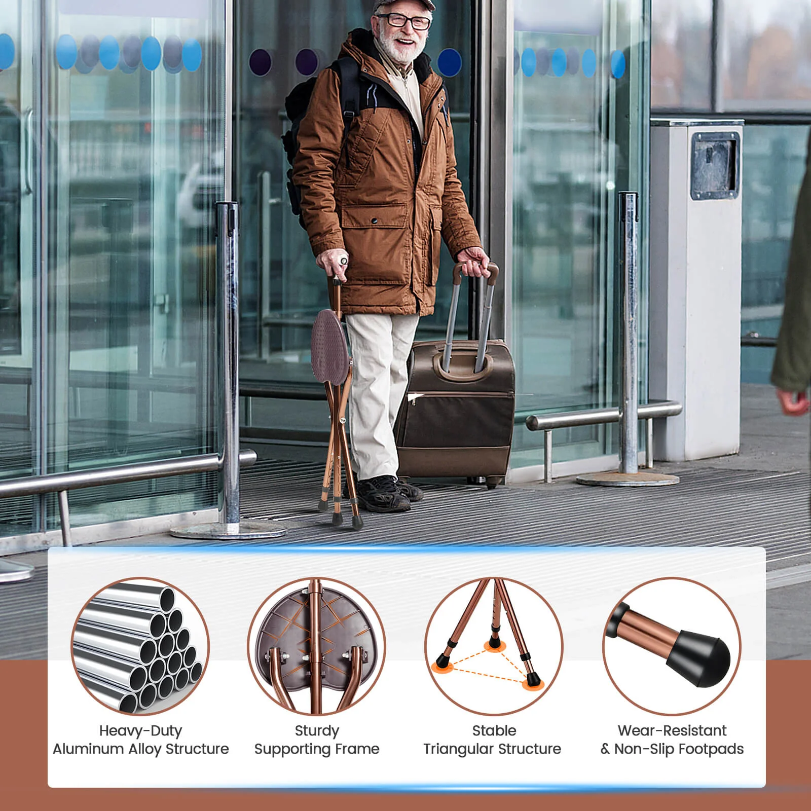 Adjustable Folding Cane Seat, Lightweight, Brown - Image 8