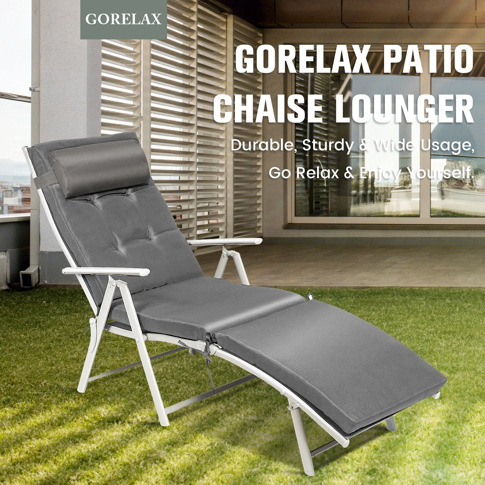 Adjustable Folding Chaise Lounge Chair, Gray - Image 3