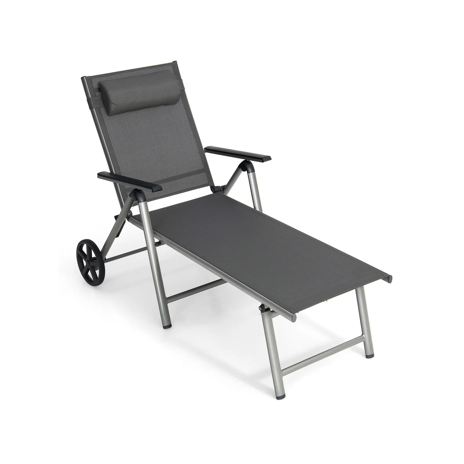 Adjustable Folding Chaise Lounge Chair With Wheels, Black
