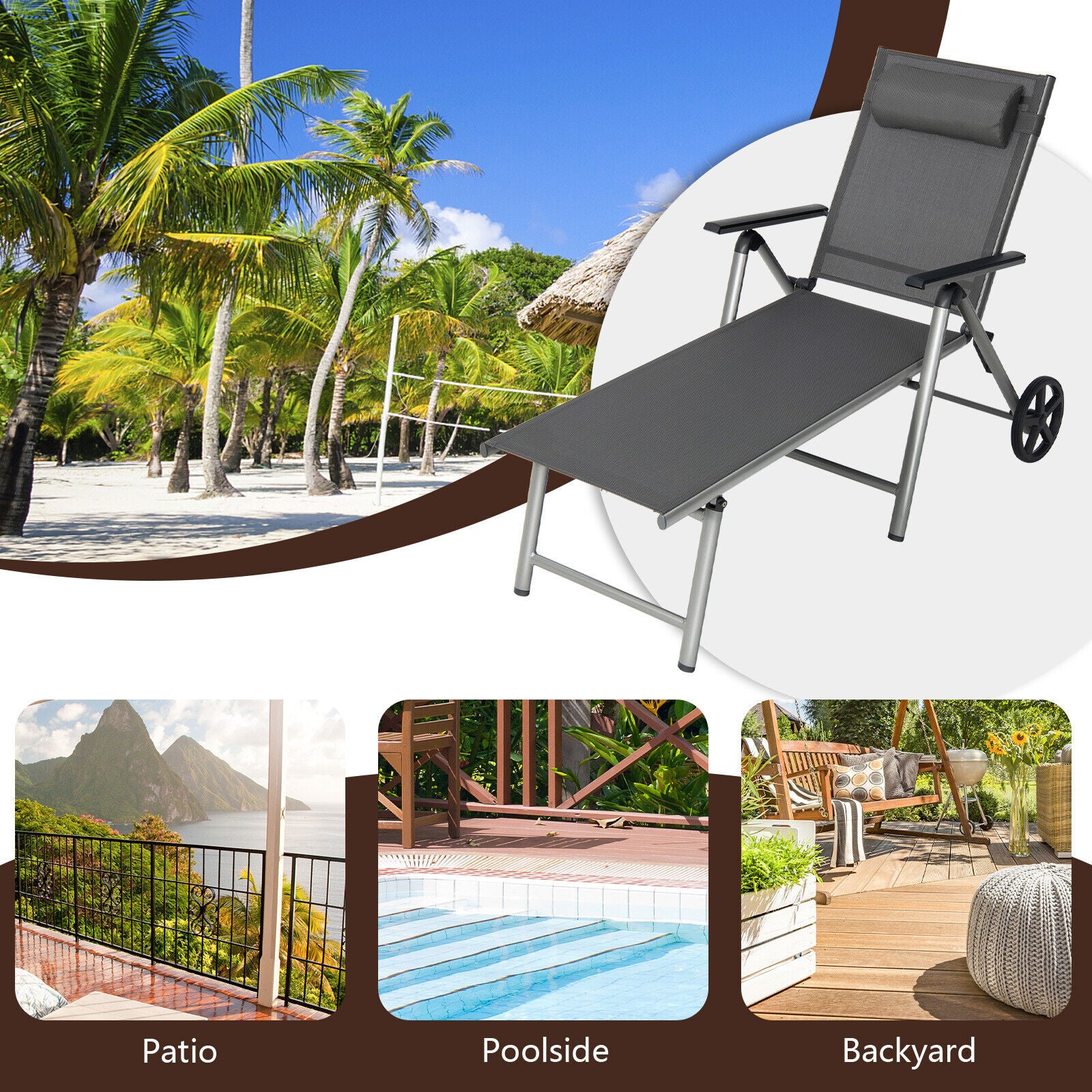 Adjustable Folding Chaise Lounge Chair With Wheels, Black - Image 5