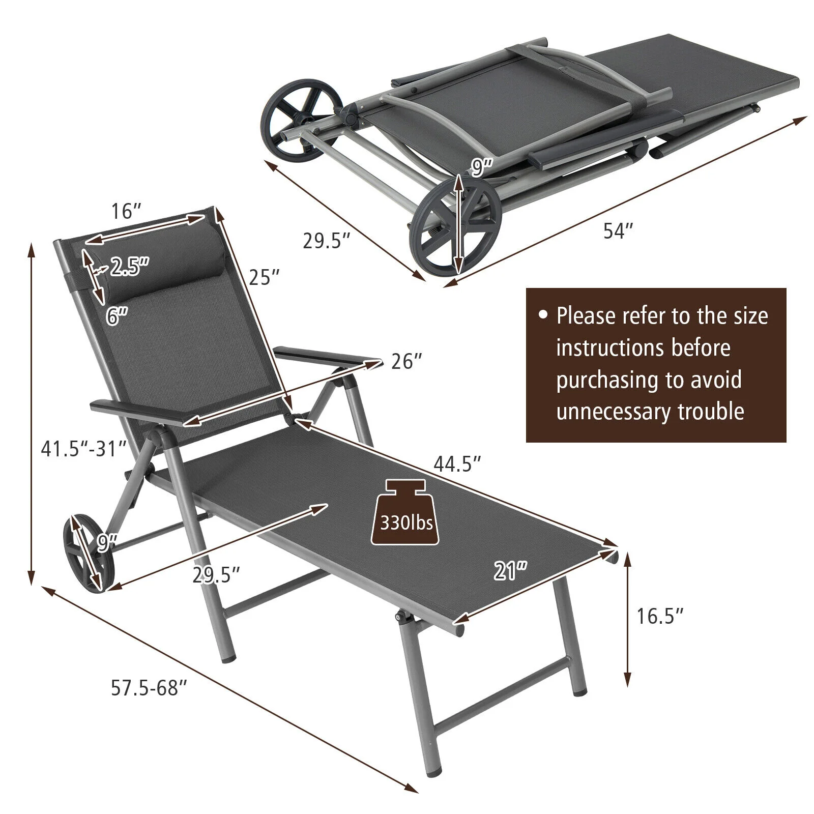Adjustable Folding Chaise Lounge Chair With Wheels, Black - Image 6