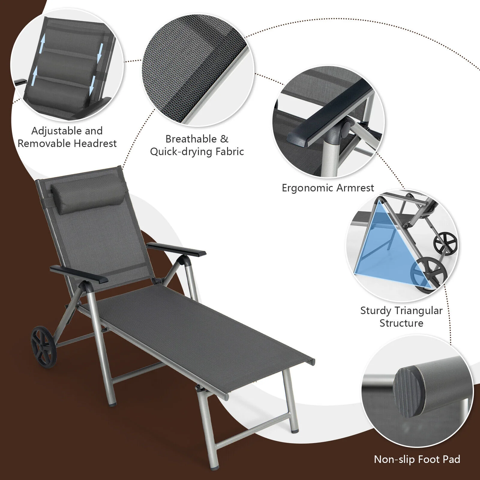 Adjustable Folding Chaise Lounge Chair With Wheels, Black - Image 7
