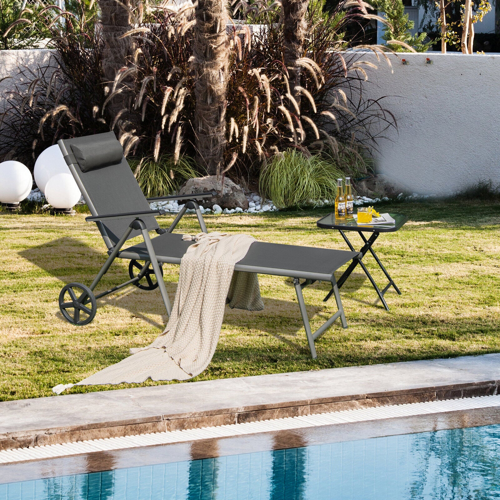 Adjustable Folding Chaise Lounge Chair With Wheels, Black - Image 8