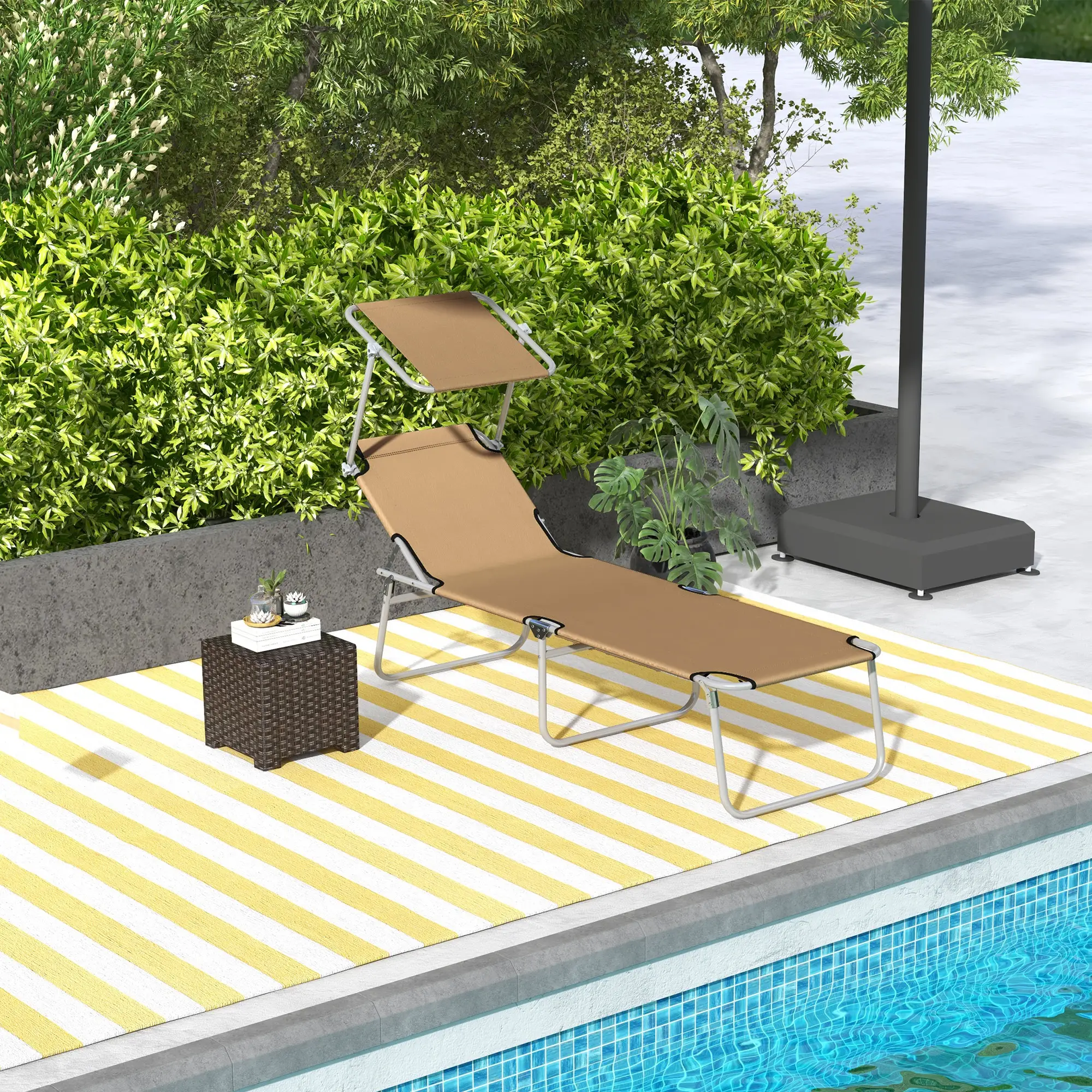 Adjustable Folding Chaise Lounge, Outdoor Chair With Sun Shade, Brown - Image 2