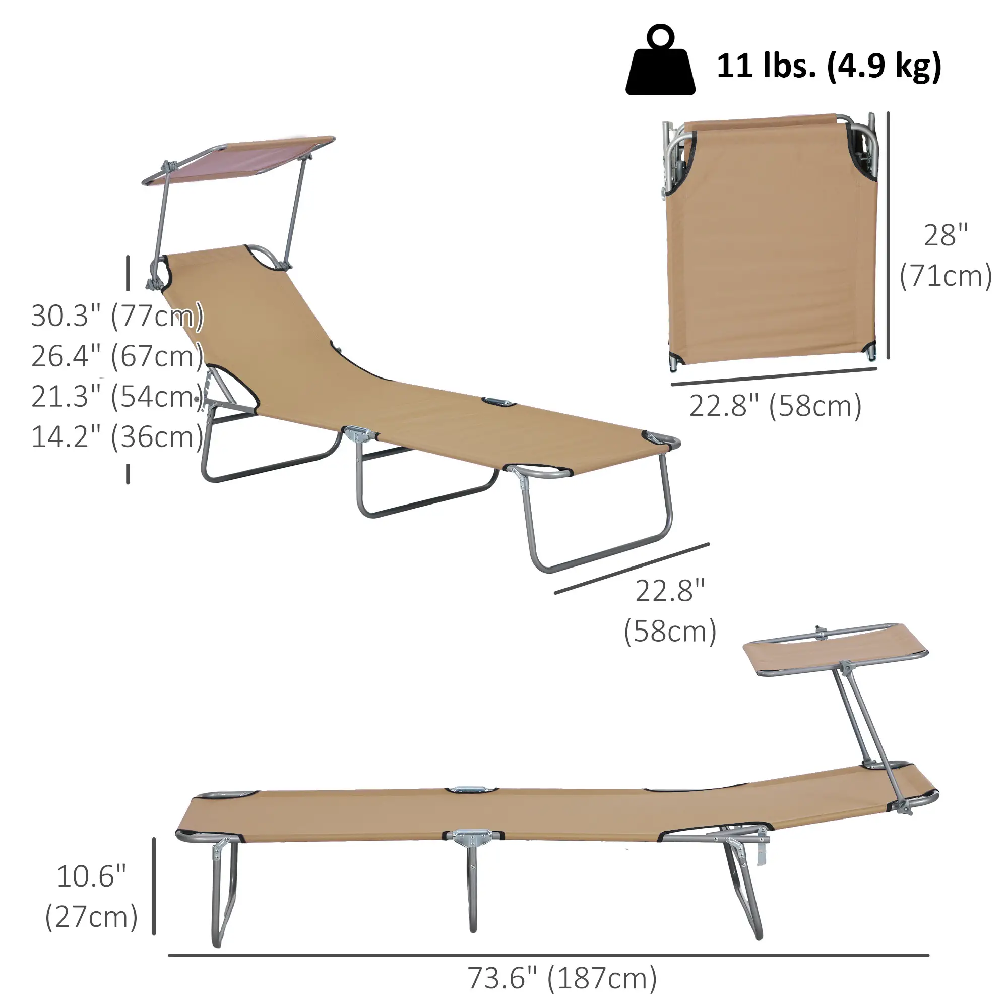 Adjustable Folding Chaise Lounge, Outdoor Chair With Sun Shade, Brown - Image 3
